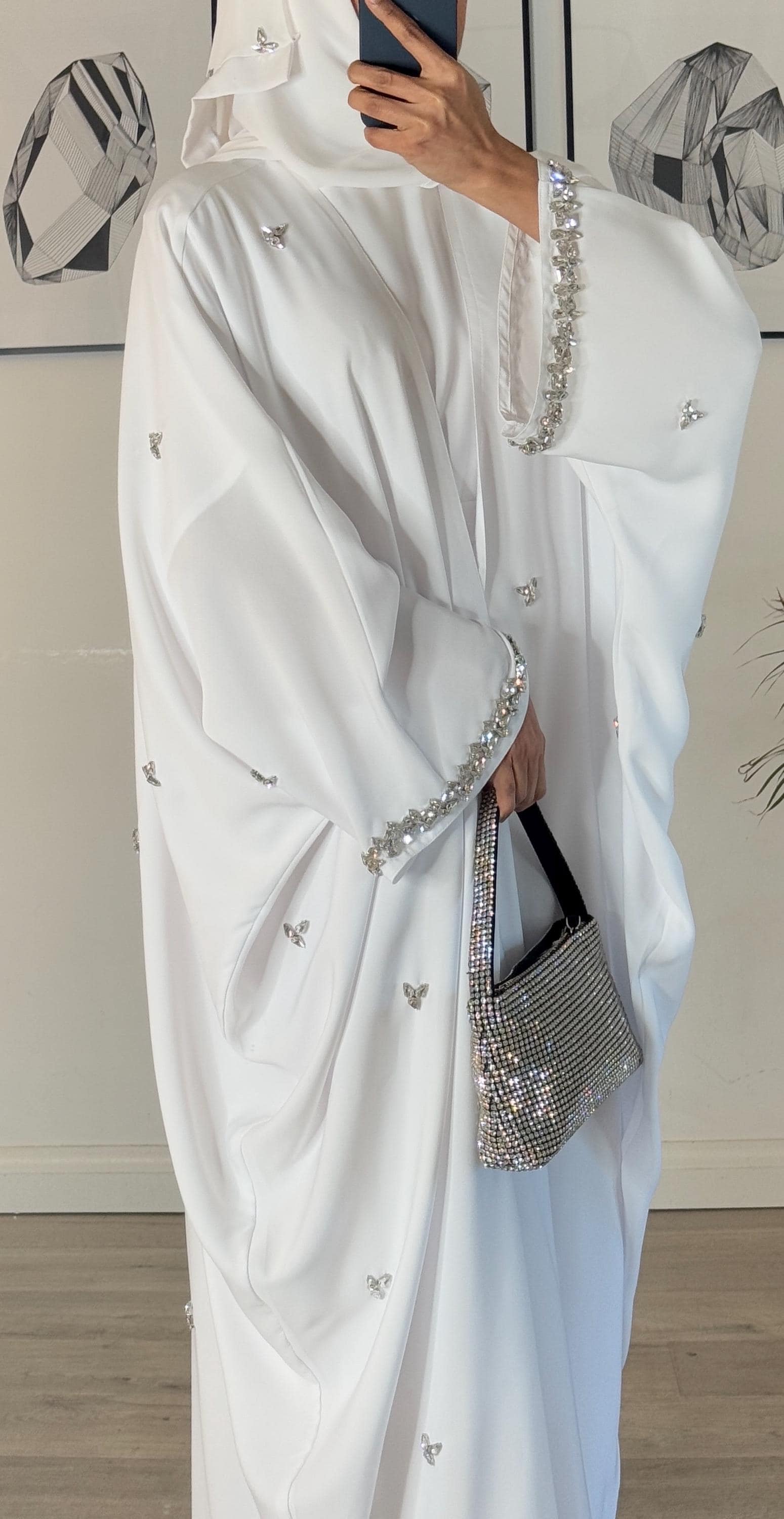PureAbayas Iqra Abaya - Handcrafted Open Butterfly Heavy Embellished Jewels- Nikah Abaya-wedding outfit-white Abaya - image 5
