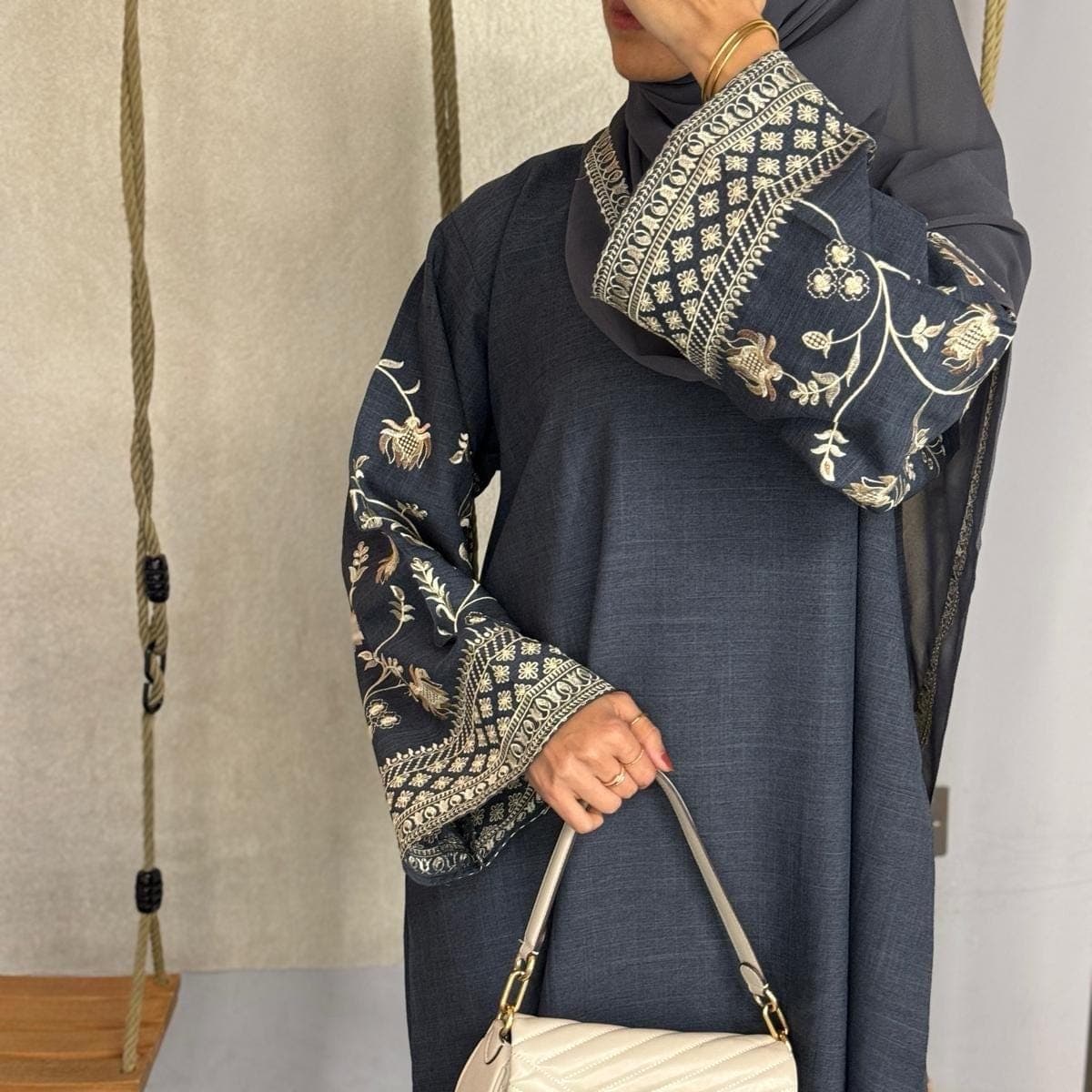PureAbayas Aafia Embroidery Linen Closed Abaya with Pockets- Autumn Abaya|