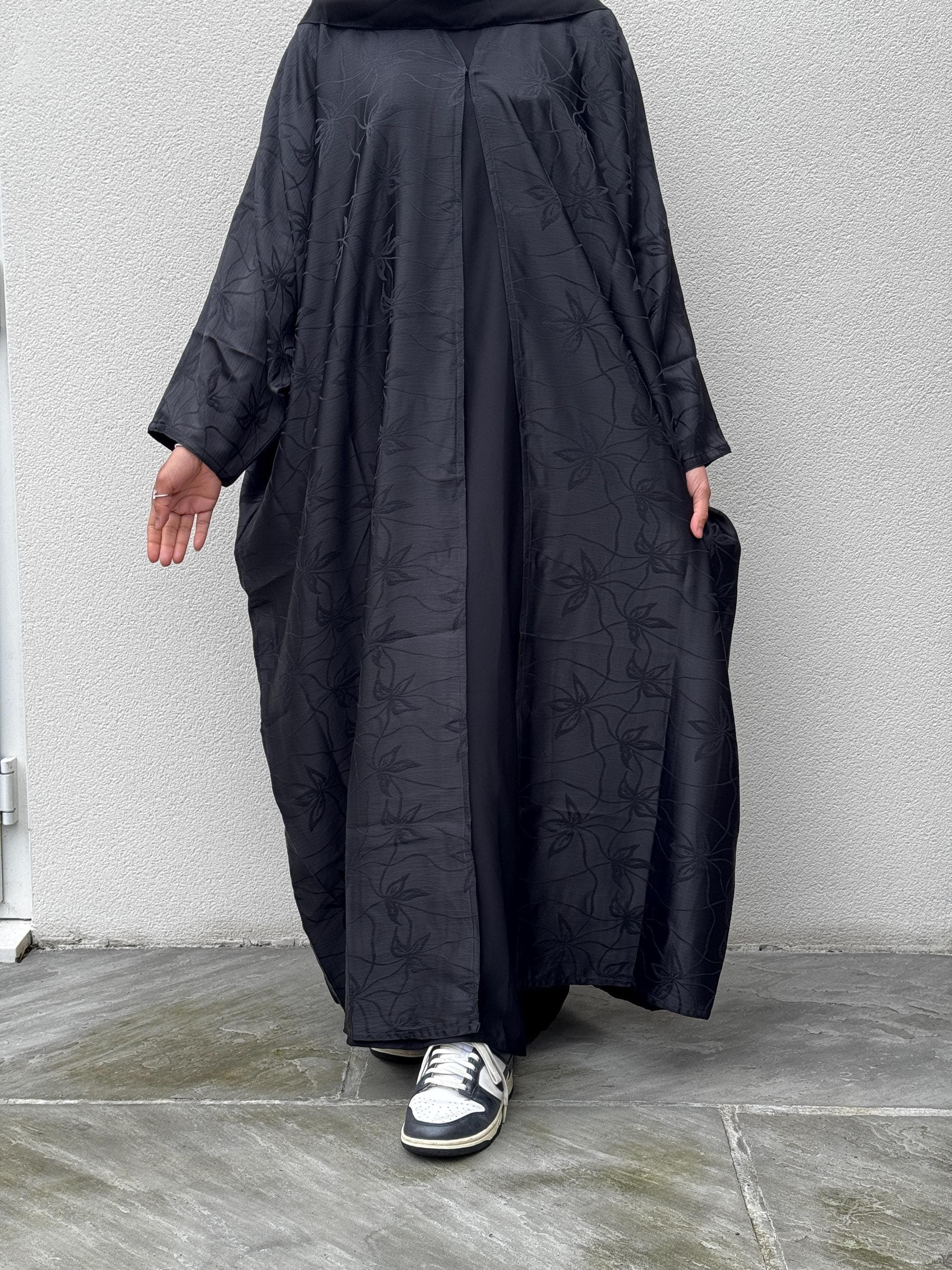 Jacquard Khadija Butterfly  Abaya with  Hijab - Charcoal Black, Dark Brown, - Vine Leaves Design- winter abaya, Eid outfit - image 5