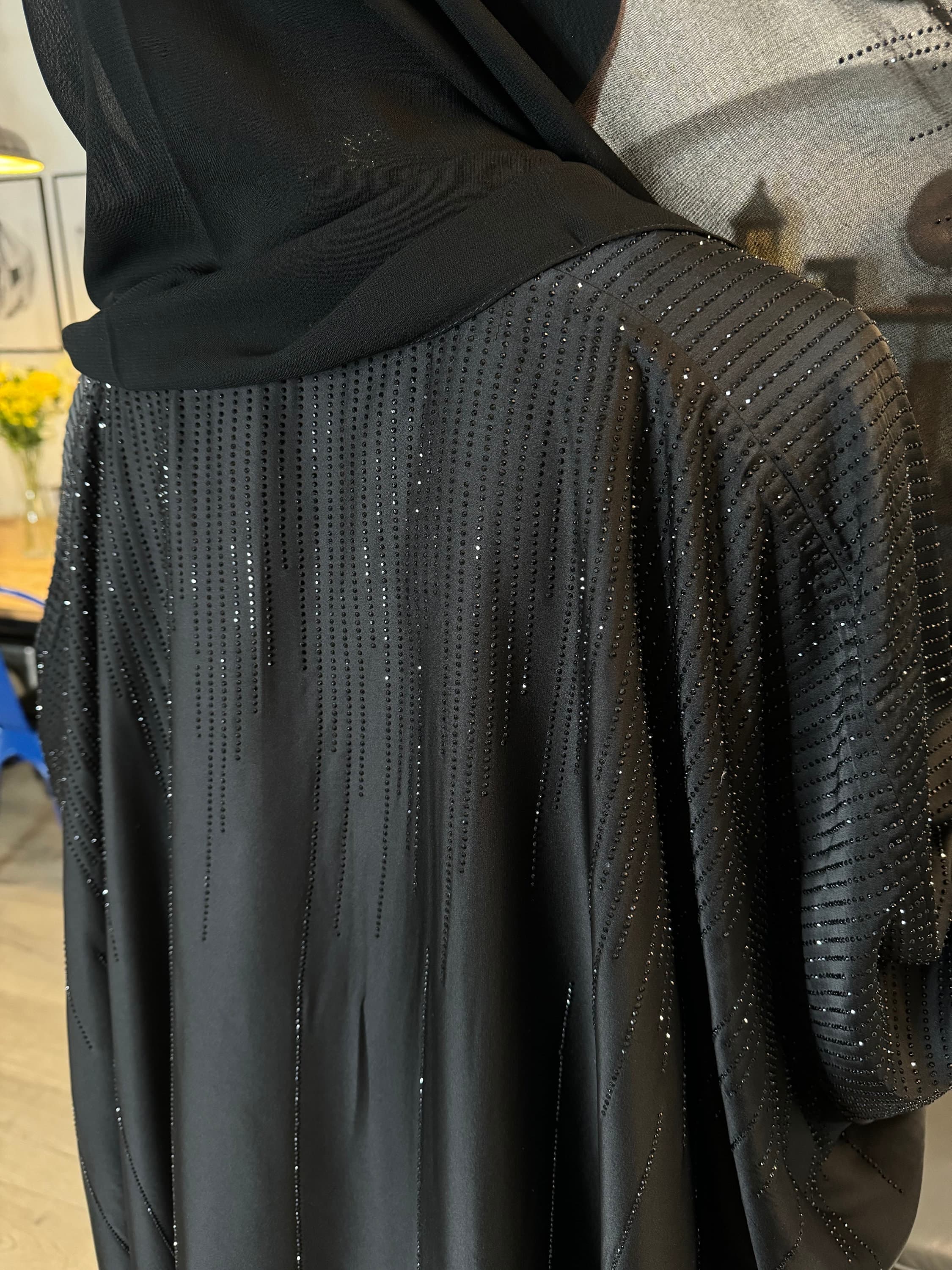 Khaleeji Butterfly Abaya-Black Open loose fit abaya in satin, Gemstone ,Scarf- Modest Islamic Fashion - image 3