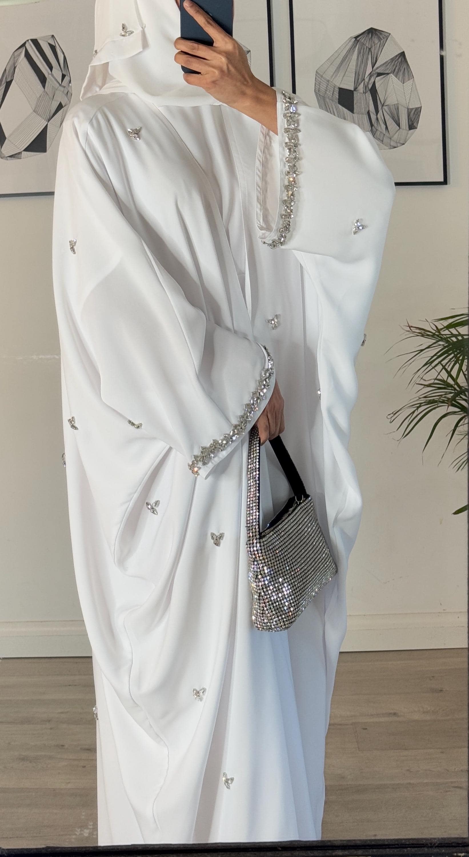 PureAbayas Iqra Abaya - Handcrafted Open Butterfly Heavy Embellished Jewels- Nikah Abaya-wedding outfit-white Abaya - image 4