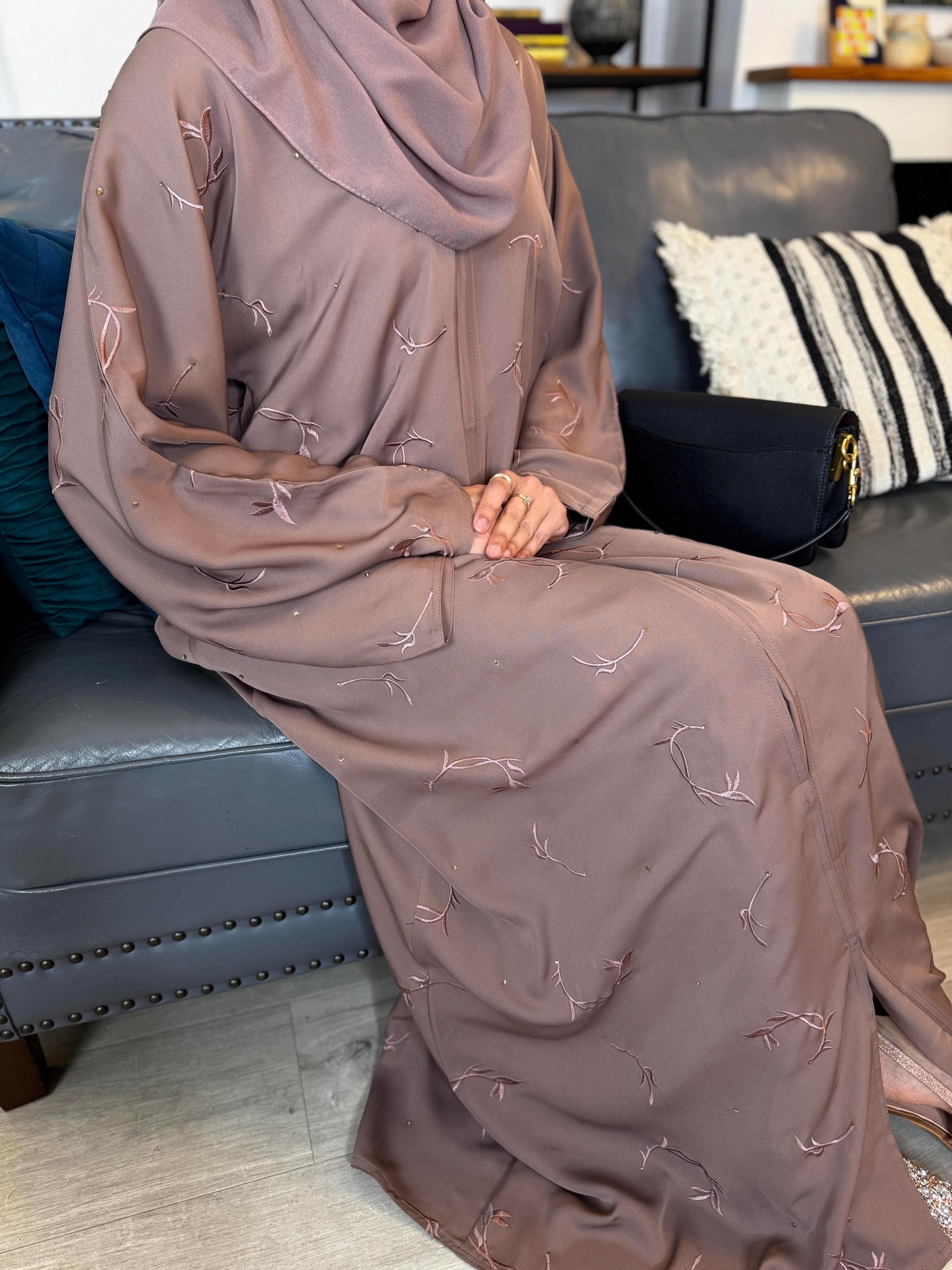 PureAbayas Safa Open Abaya with Buttons in Black or Brown with All-Over