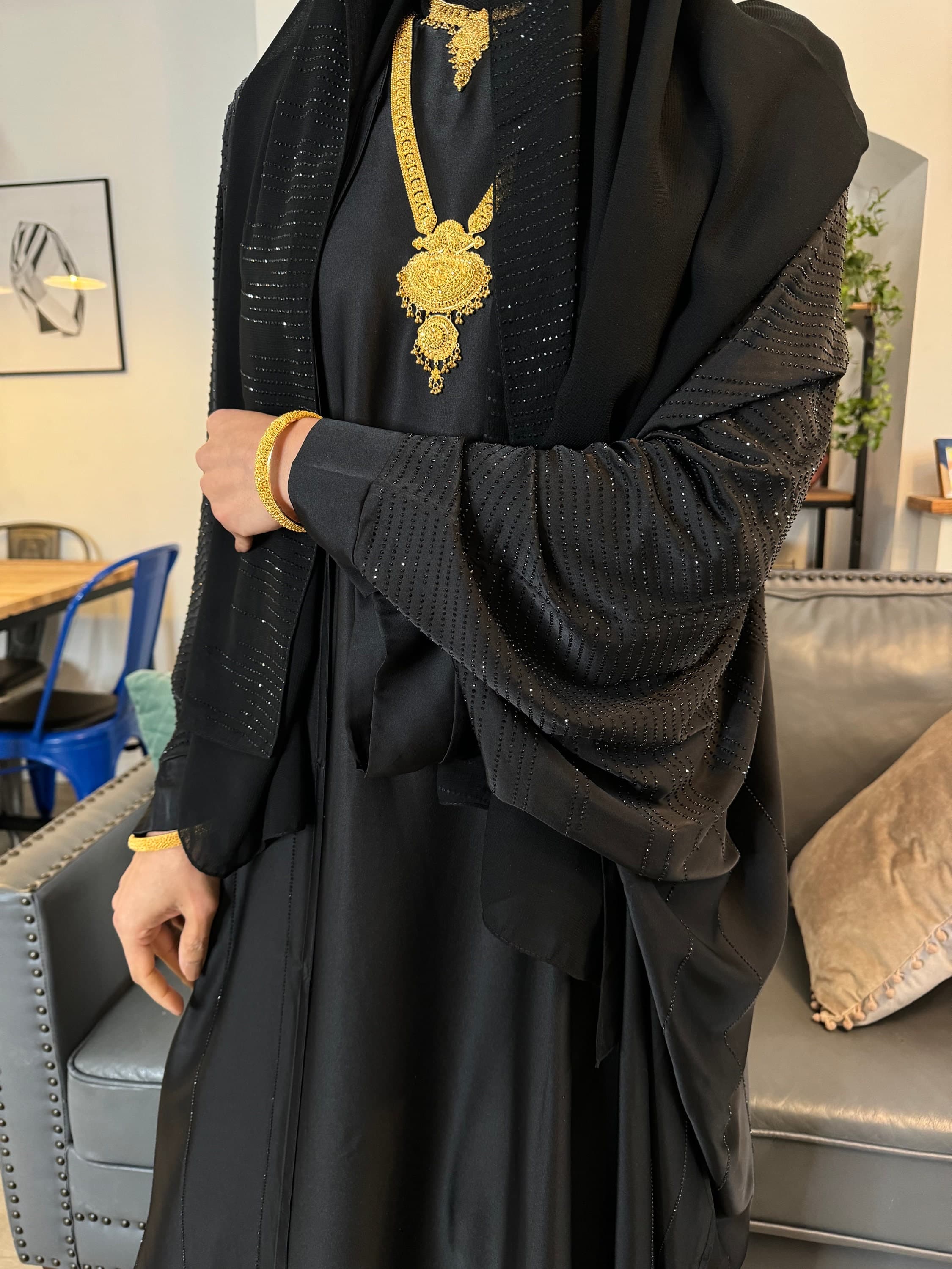 Khaleeji Butterfly Abaya-Black Open loose fit abaya in satin, Gemstone ,Scarf- Modest Islamic Fashion