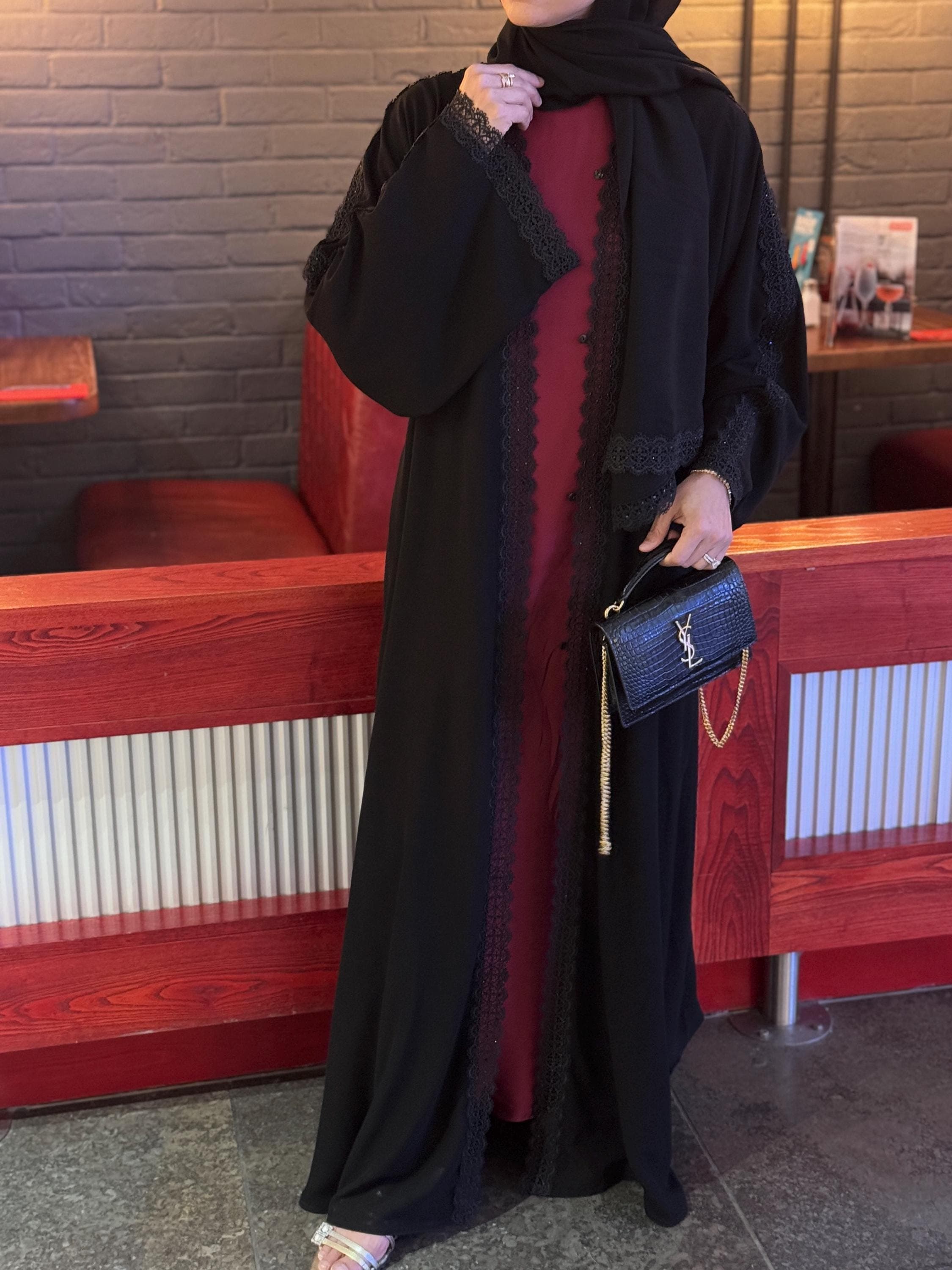 PureAbayas Lamia 2-Piece Open Abaya Set – Black Double Chiffon with Lace and - image 5