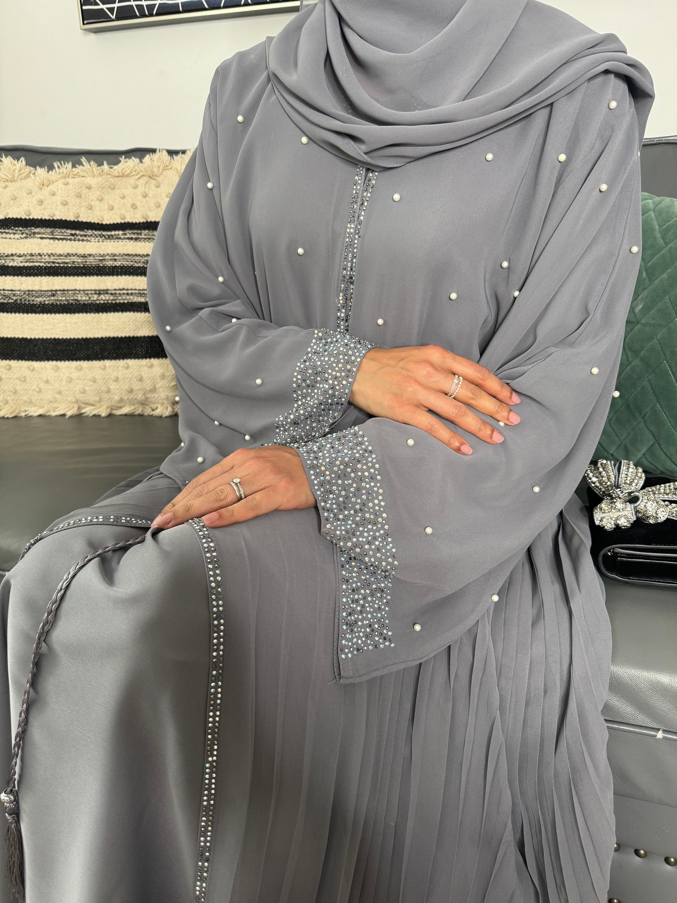 Elegant Jahan Occasion Abaya Set Grey with Pearls, Gemstones - Luxury Dubai, Ideal for Weddings, Eid, Parties, Kaftan Maxi Long Dress - image 4