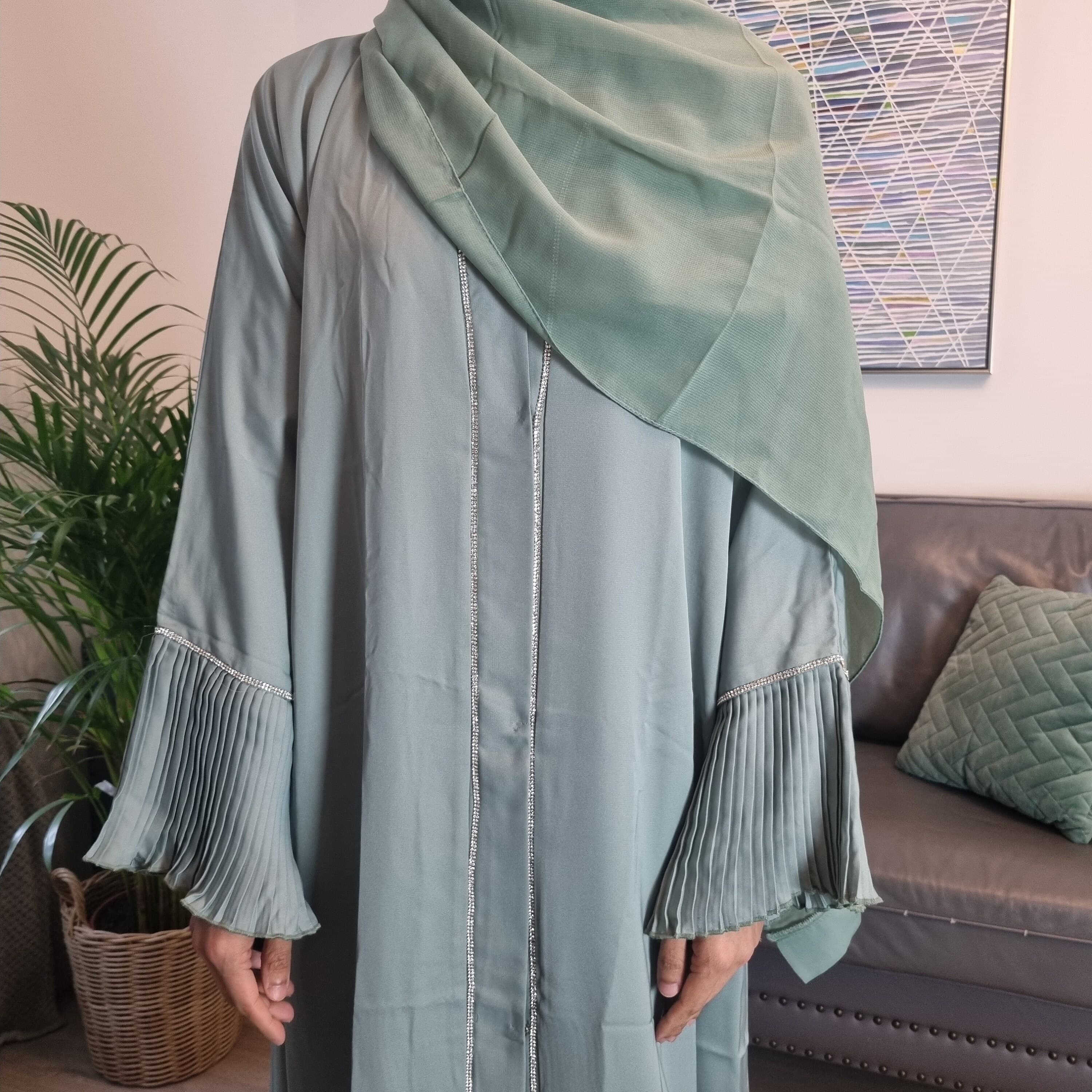 Mint Frill Open Abaya,Dubai abaya, party abaya,kaftan, jilbub,morrocan dress turkey dress, hijab, wedding abaya,dress,party abaya,Sage abaya - image 5