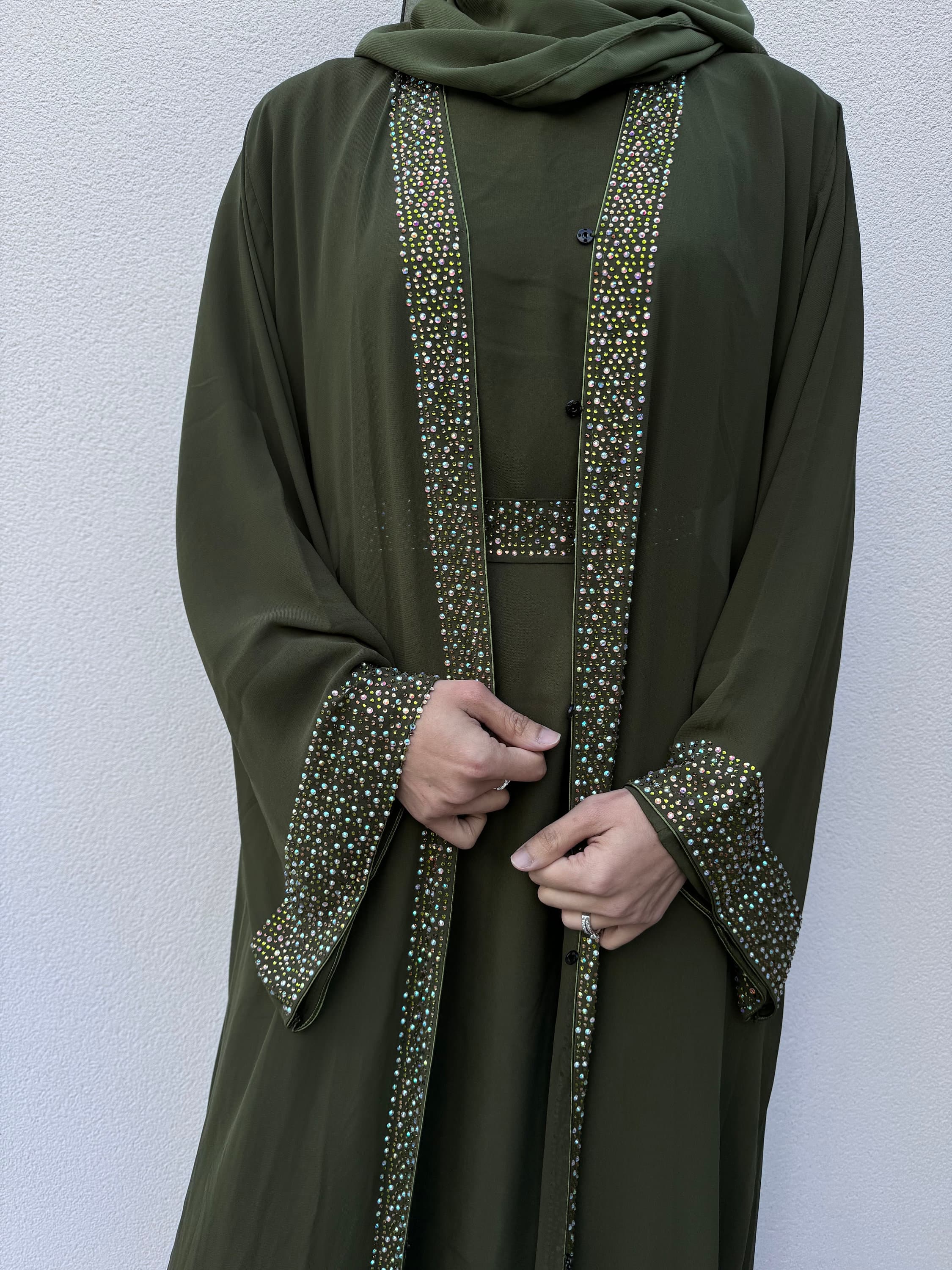 Kaia Occasion Abaya Set with Gemstones Khaki Olive Green - Luxury Dubai, Ideal for Weddings and Parties - Maxi Long Dress