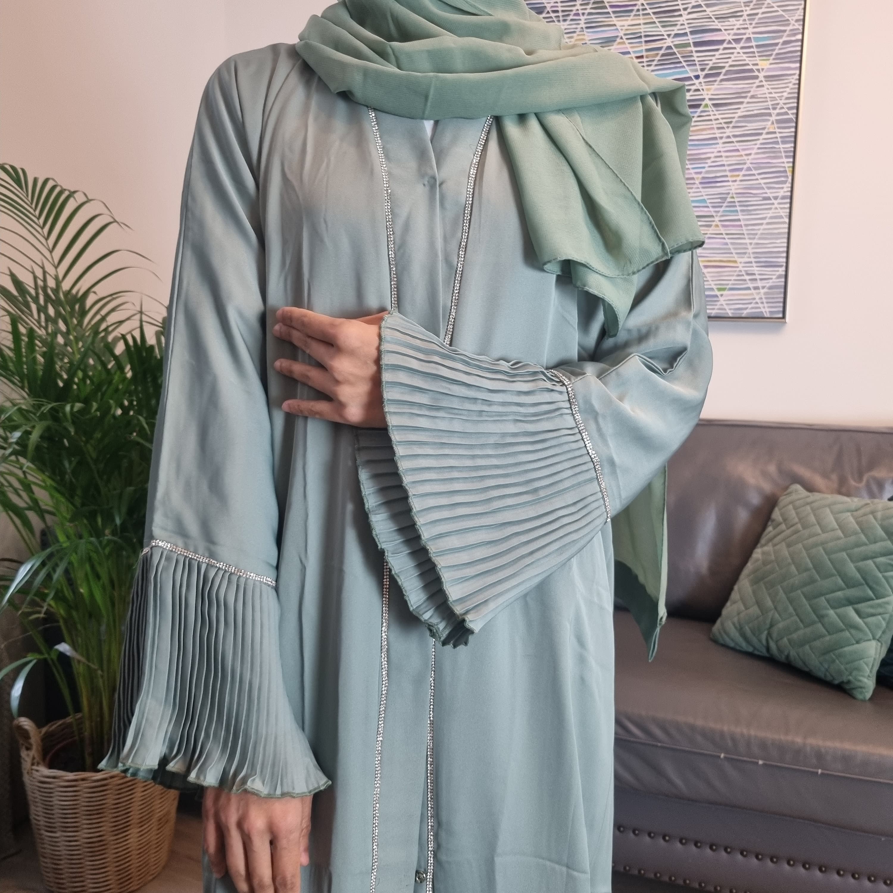 Mint Frill Open Abaya,Dubai abaya, party abaya,kaftan, jilbub,morrocan dress turkey dress, hijab, wedding abaya,dress,party abaya,Sage abaya - image 4