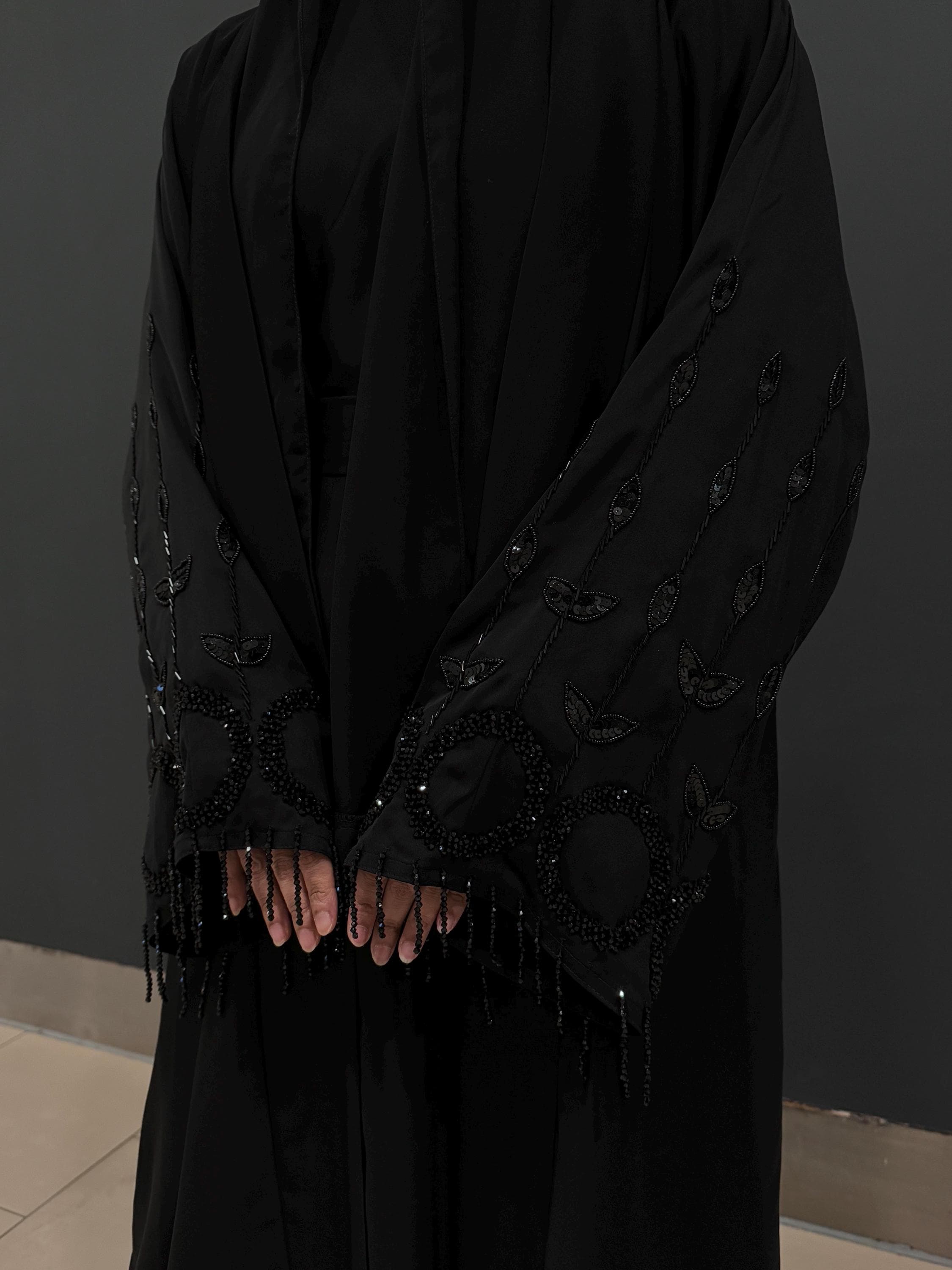 PureAbayas Qamar Abaya - Luxury 4 Piece Abaya Set Handcrafted Embellished Open - image 5