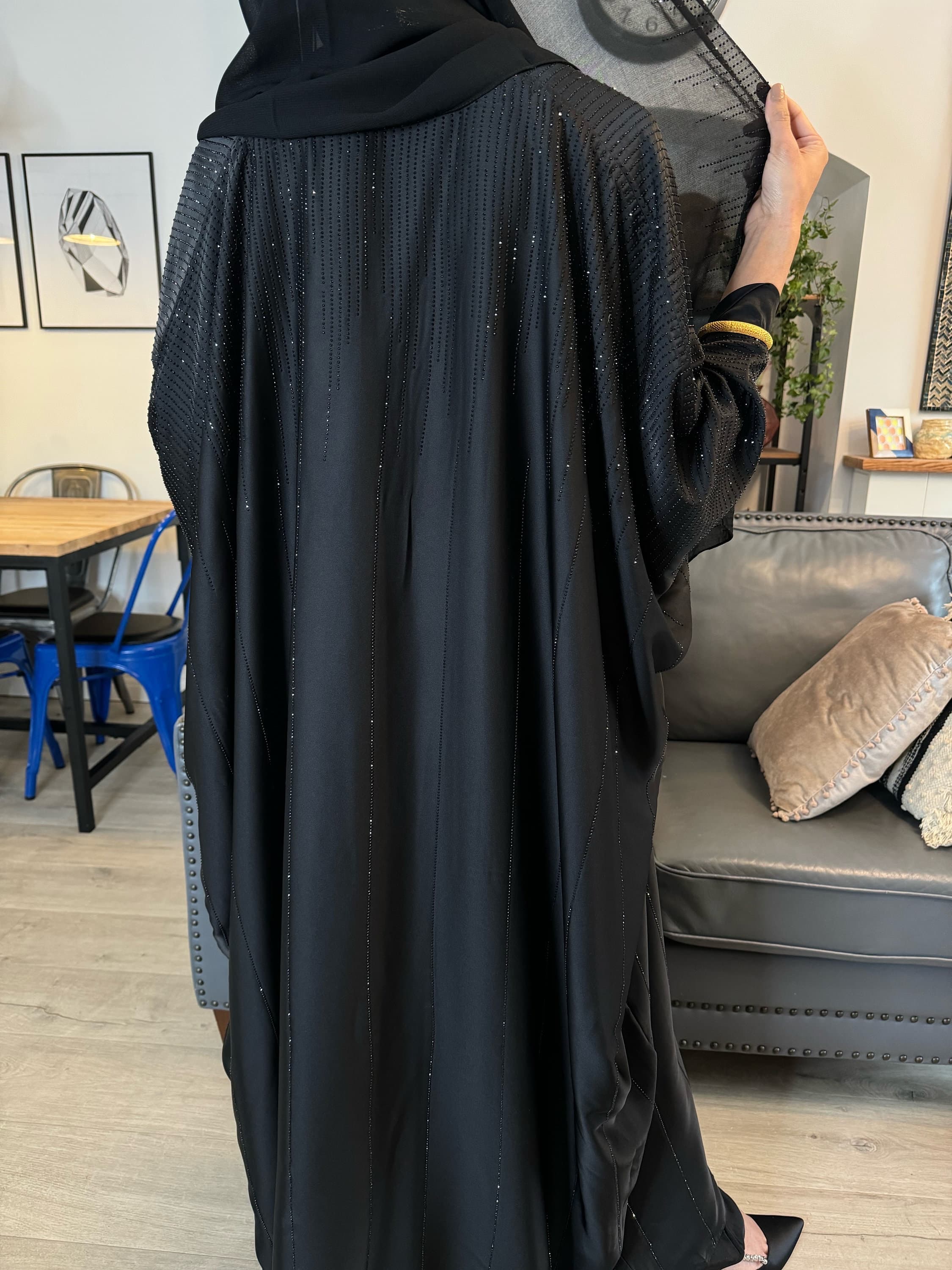 Khaleeji Butterfly Abaya-Black Open loose fit abaya in satin, Gemstone ,Scarf- Modest Islamic Fashion - image 4