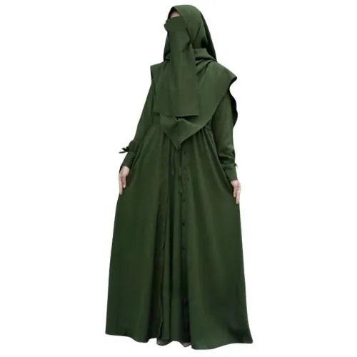 3pc Dark Green Modest Outfit (Abaya + Long Jilbab/Khimar + Niqab) Formal/Informal Nursing Friendly Muslim Dress Set Suit Both Adult & Youth