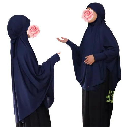 Comfortable Sleeved French Khimar Convert To Niqab Two Ways Lightweight Jersey Slip On Jilbab With Ties Children-Teen Size Navy Blue -Marwah