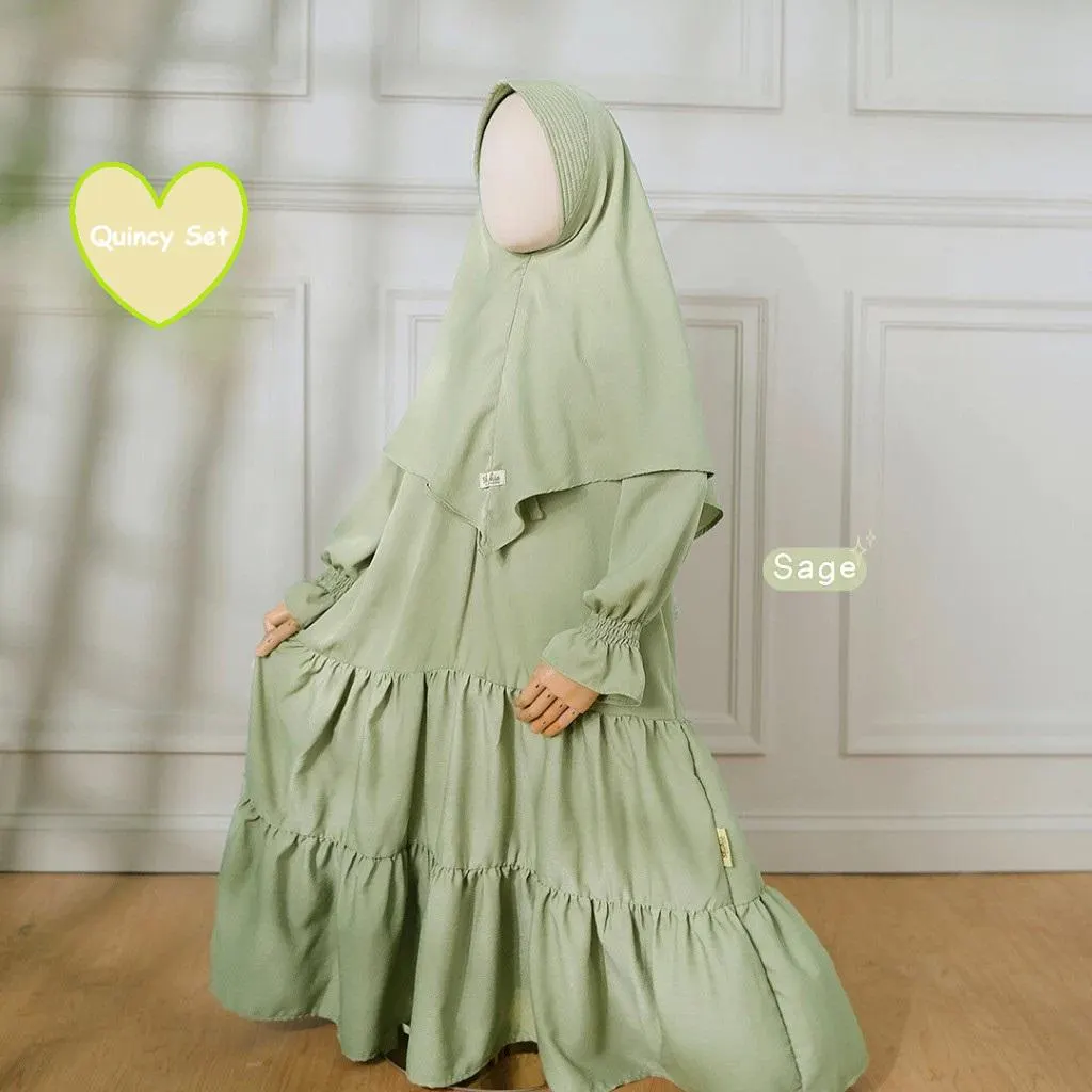 Girls Modest Outfit Children Ruffled Dress + Slip On Hijab Versatile Practical Formal/Daily/Umrah Kids Muslim Set Size 3-4y ~ Quincy