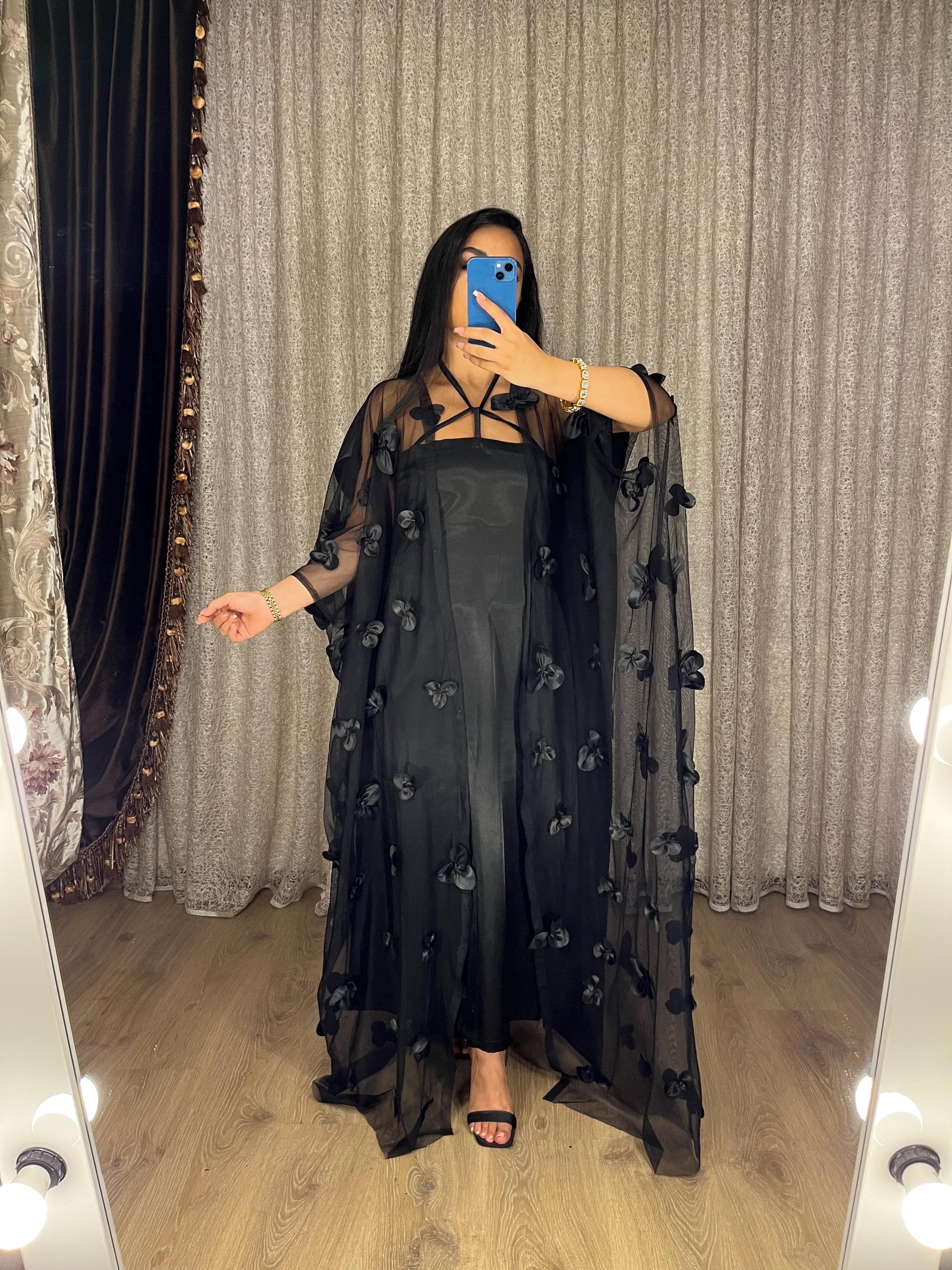 Elegant Black Abaya: 3D Floral Open Front Kimono, Modest Outfit - image 4