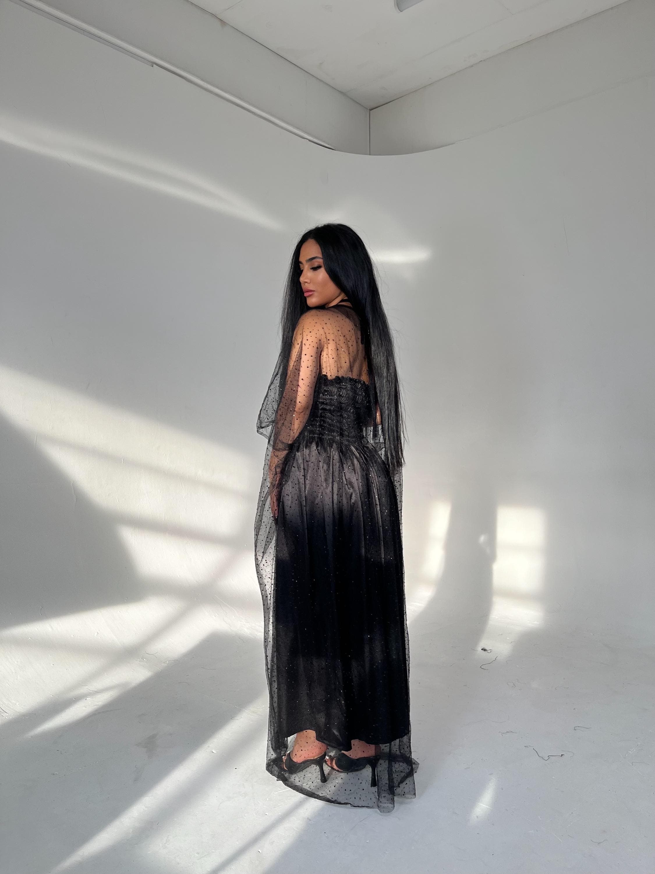Elegant Black Rhinestone Abaya – Sheer Maxi Dress with Satin Slip, Modest Evening Wear