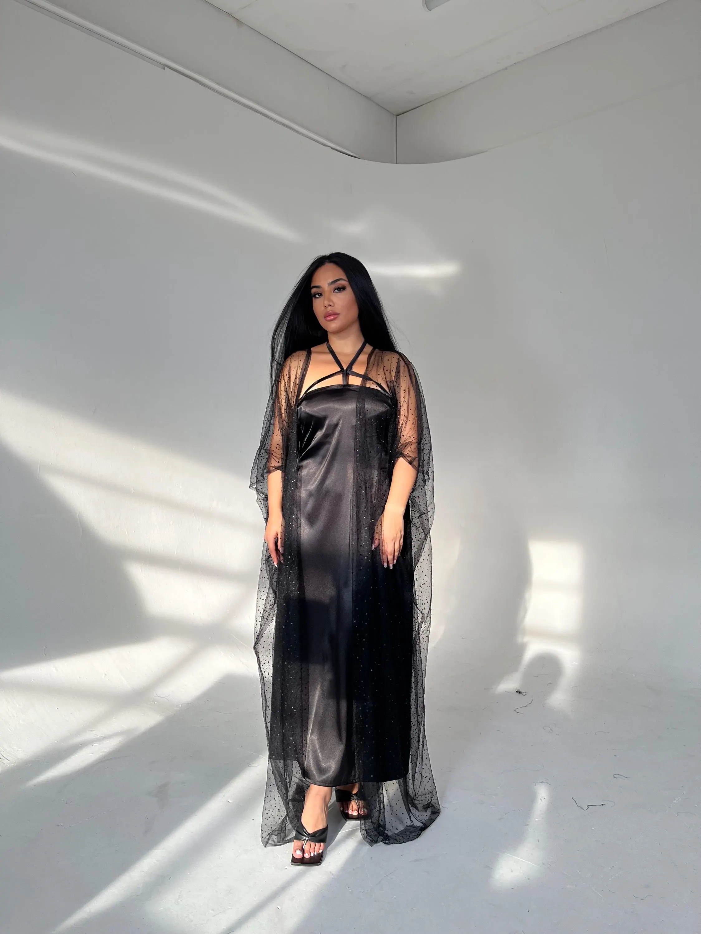 Elegant Black Rhinestone Abaya – Sheer Maxi Dress with Satin Slip, Modest Evening Wear - image 3