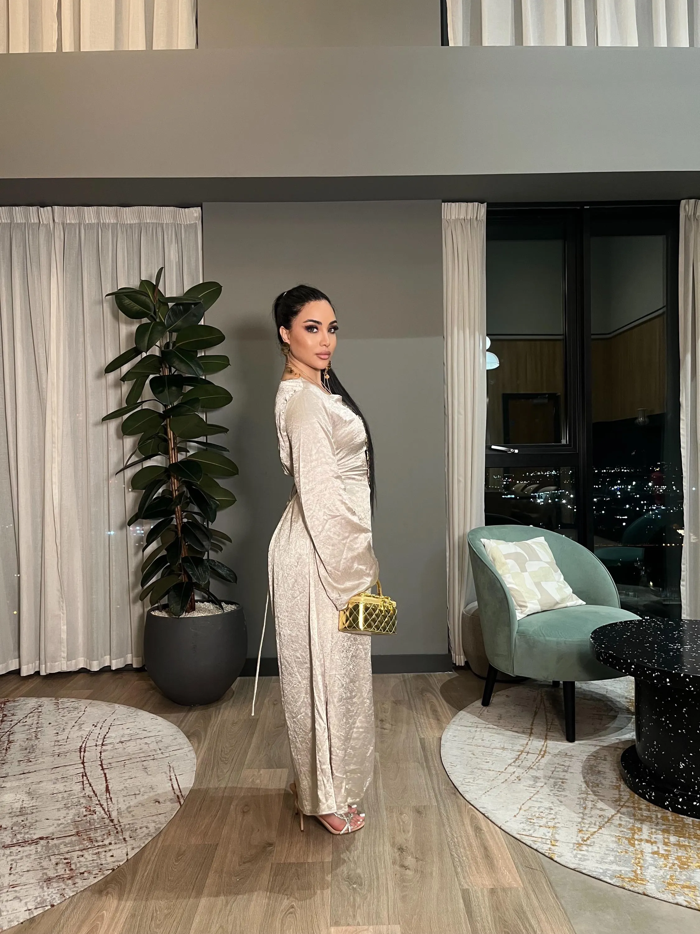 Champagne Satin Abaya Dress | Modest Maxi Gown, Dubai Style Eid Outfit - image 3