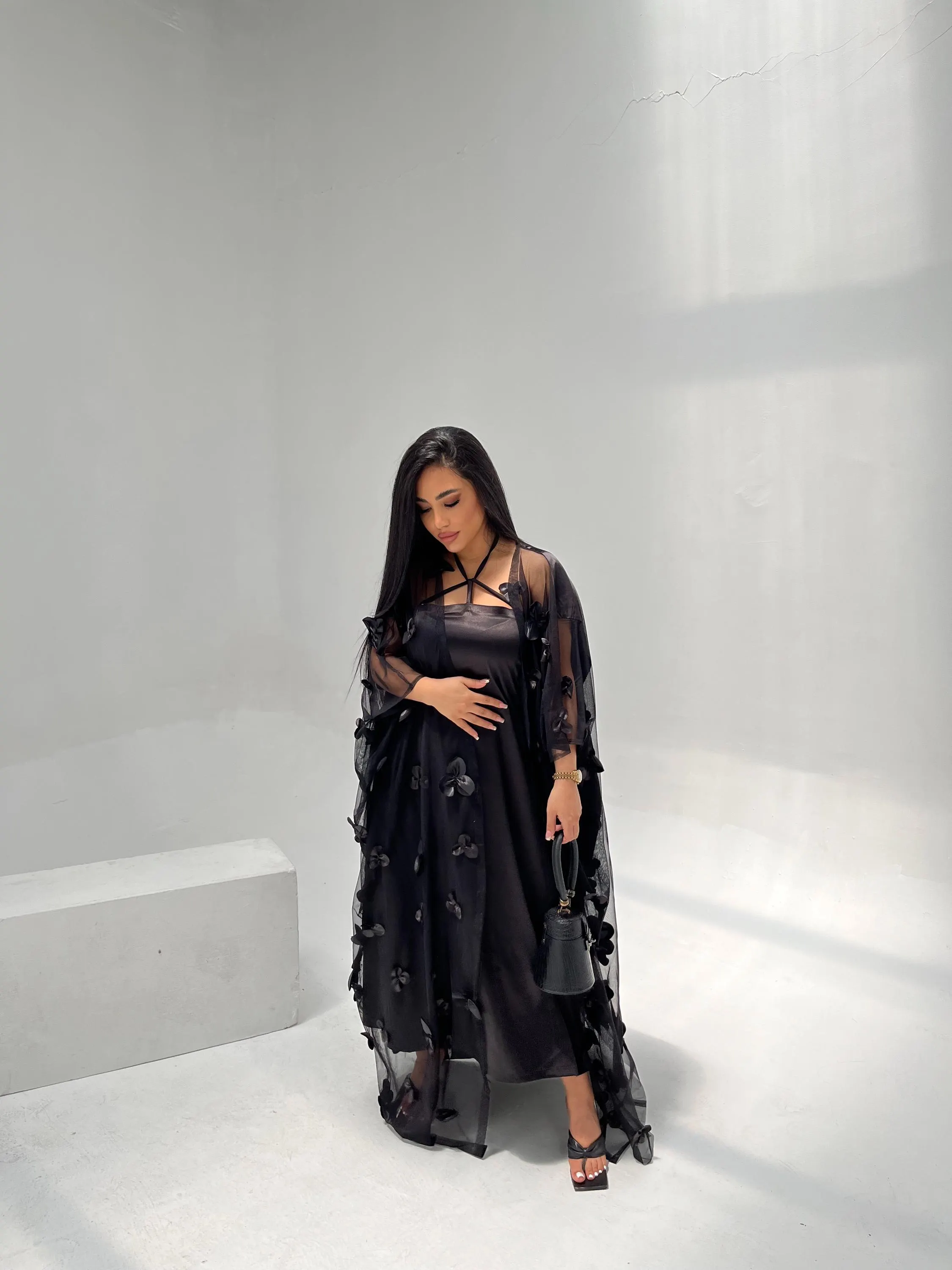 Elegant Black Abaya: 3D Floral Open Front Kimono, Modest Outfit