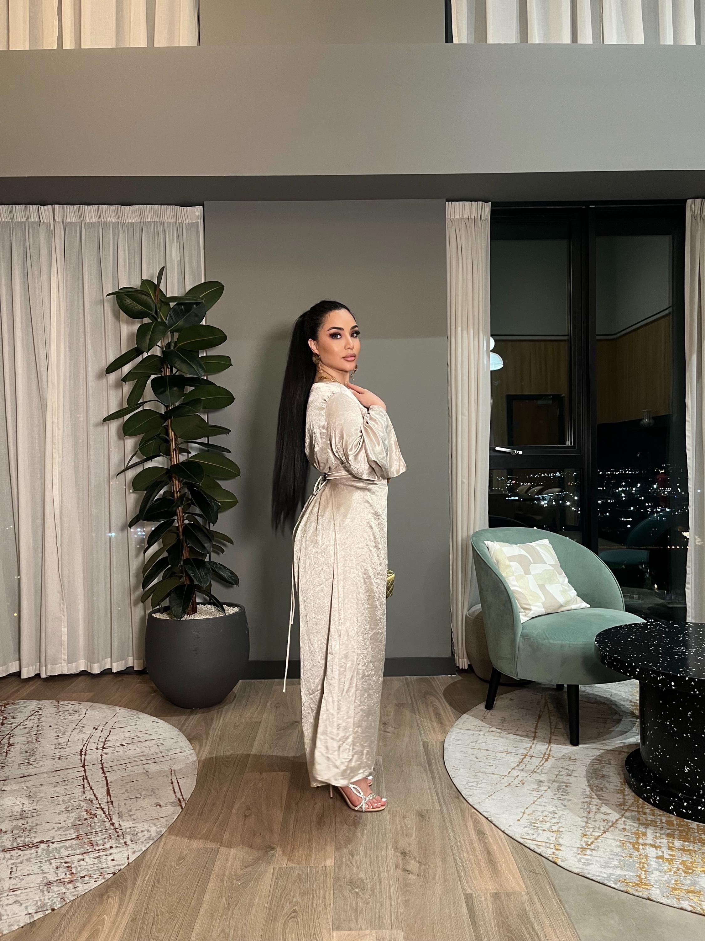 Champagne Satin Abaya Dress | Modest Maxi Gown, Dubai Style Eid Outfit - image 5