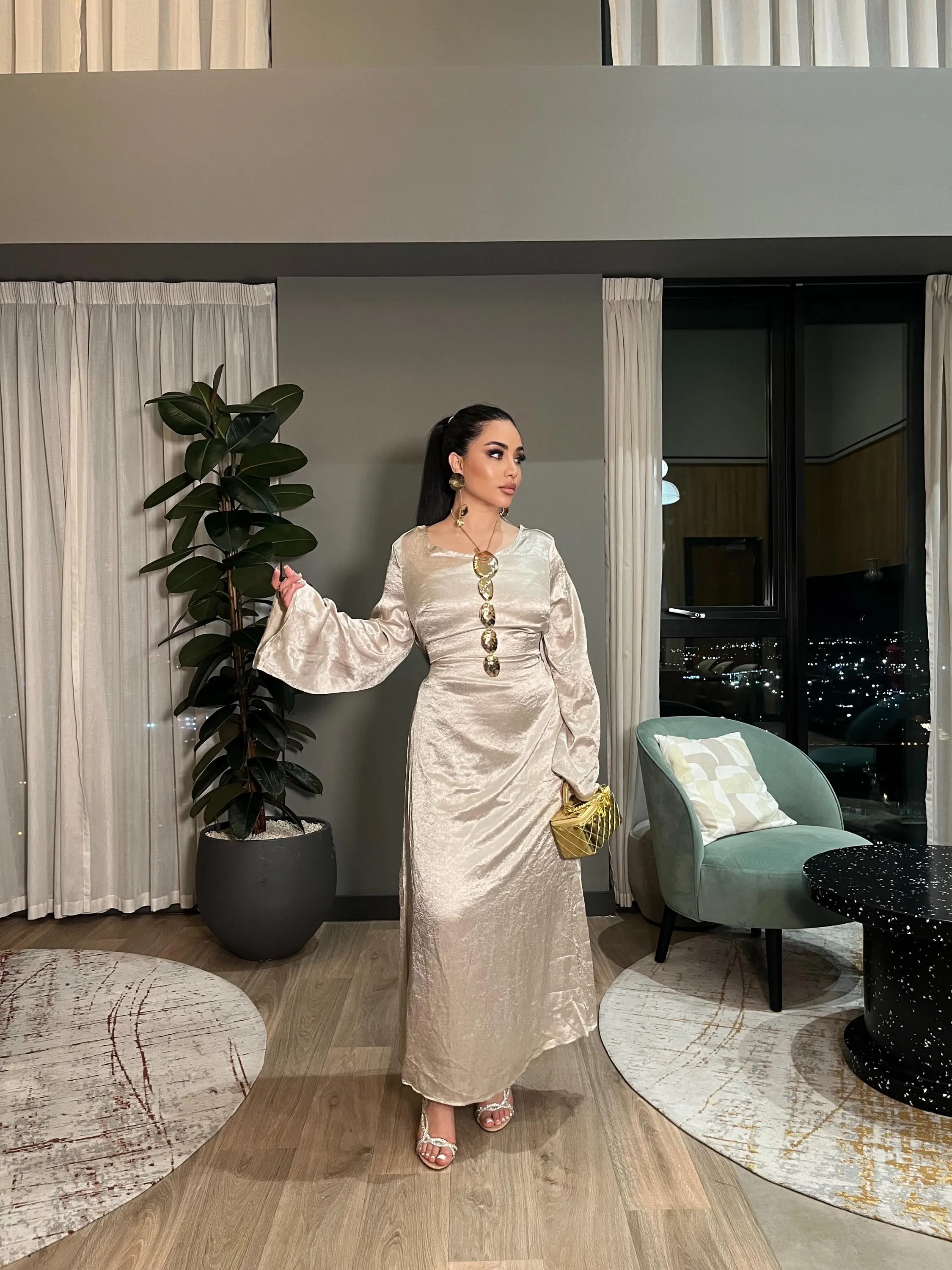 Champagne Satin Abaya Dress | Modest Maxi Gown, Dubai Style Eid Outfit