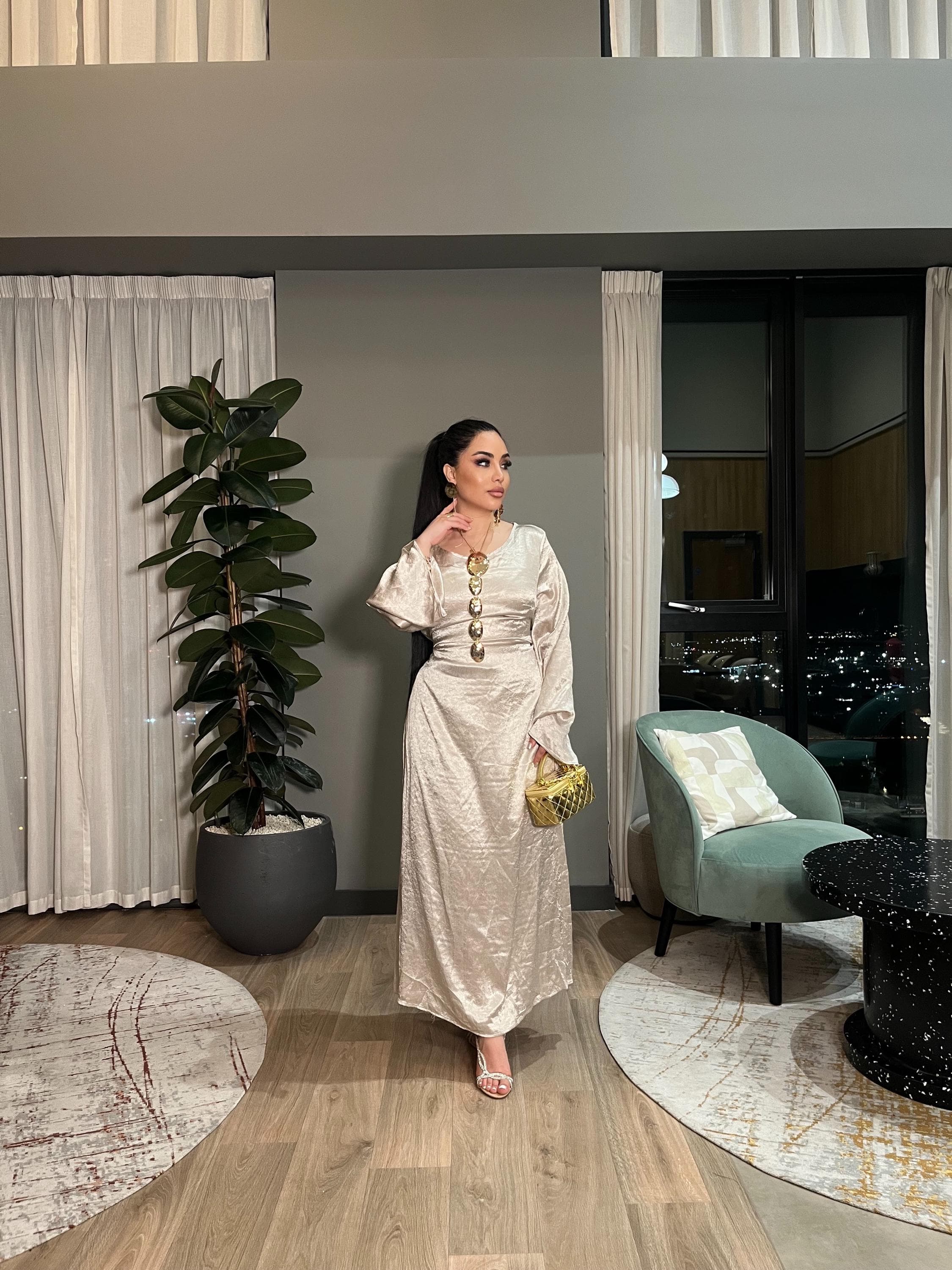 Champagne Satin Abaya Dress | Modest Maxi Gown, Dubai Style Eid Outfit - image 4