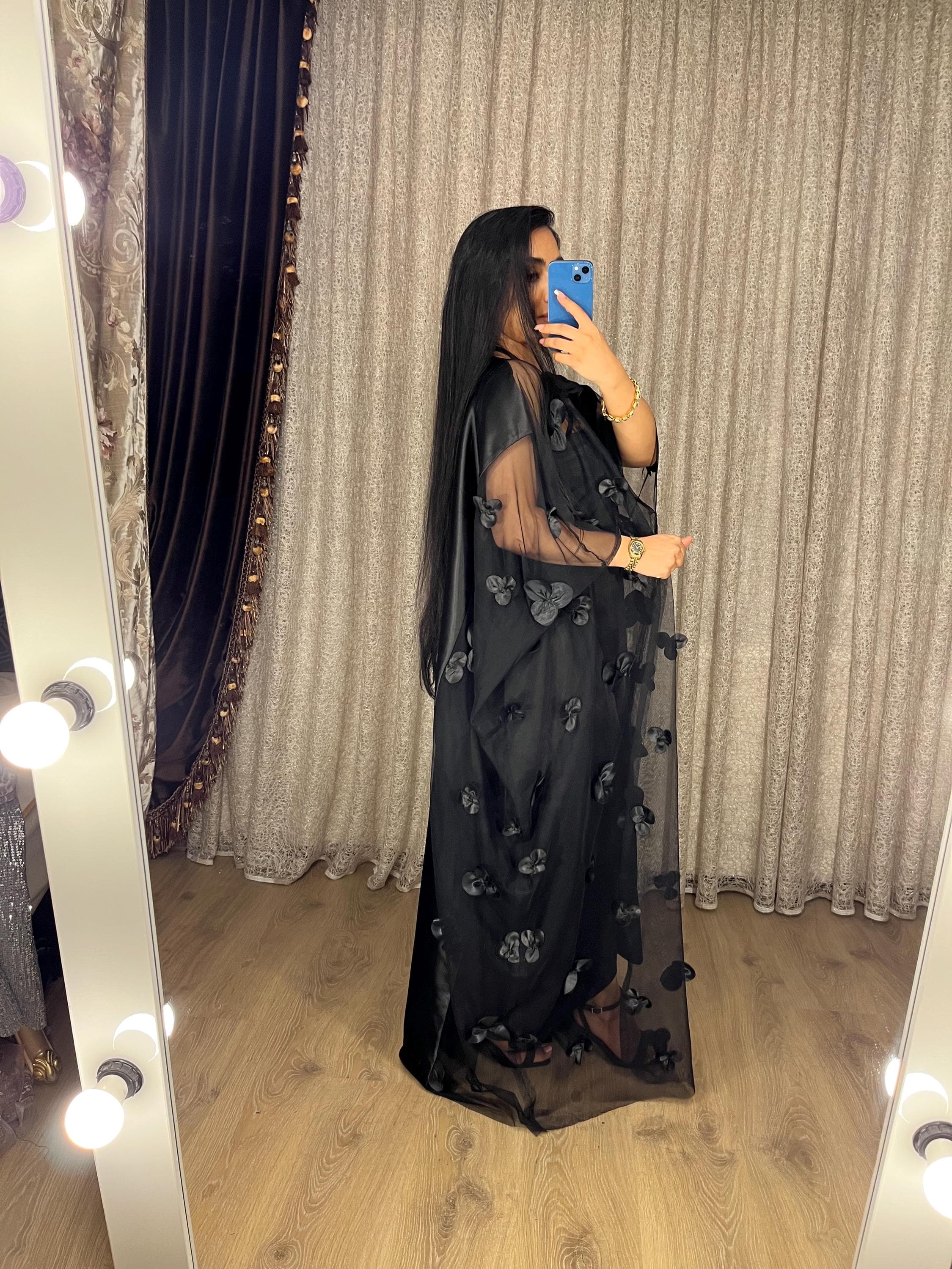 Elegant Black Abaya: 3D Floral Open Front Kimono, Modest Outfit - image 5