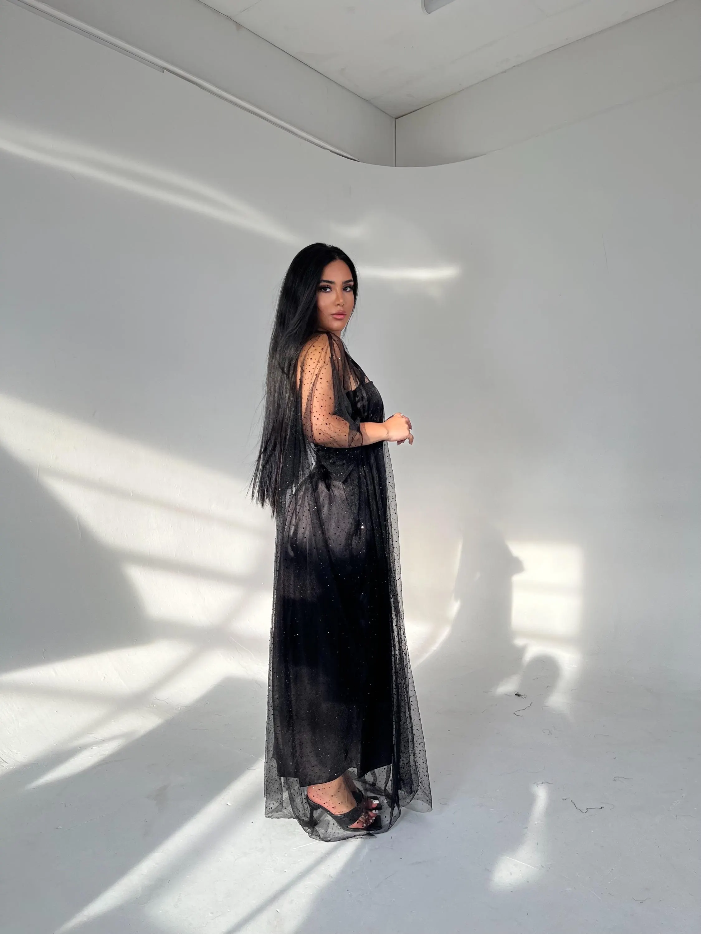 Elegant Black Rhinestone Abaya – Sheer Maxi Dress with Satin Slip, Modest Evening Wear - image 4