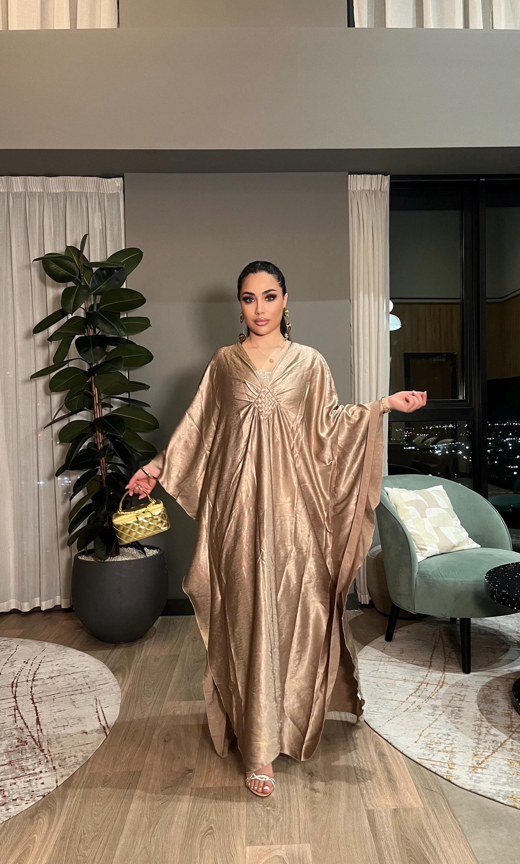 Gold Metallic Kaftan Dress, Oversized Modest Maxi Abaya, Evening Gown