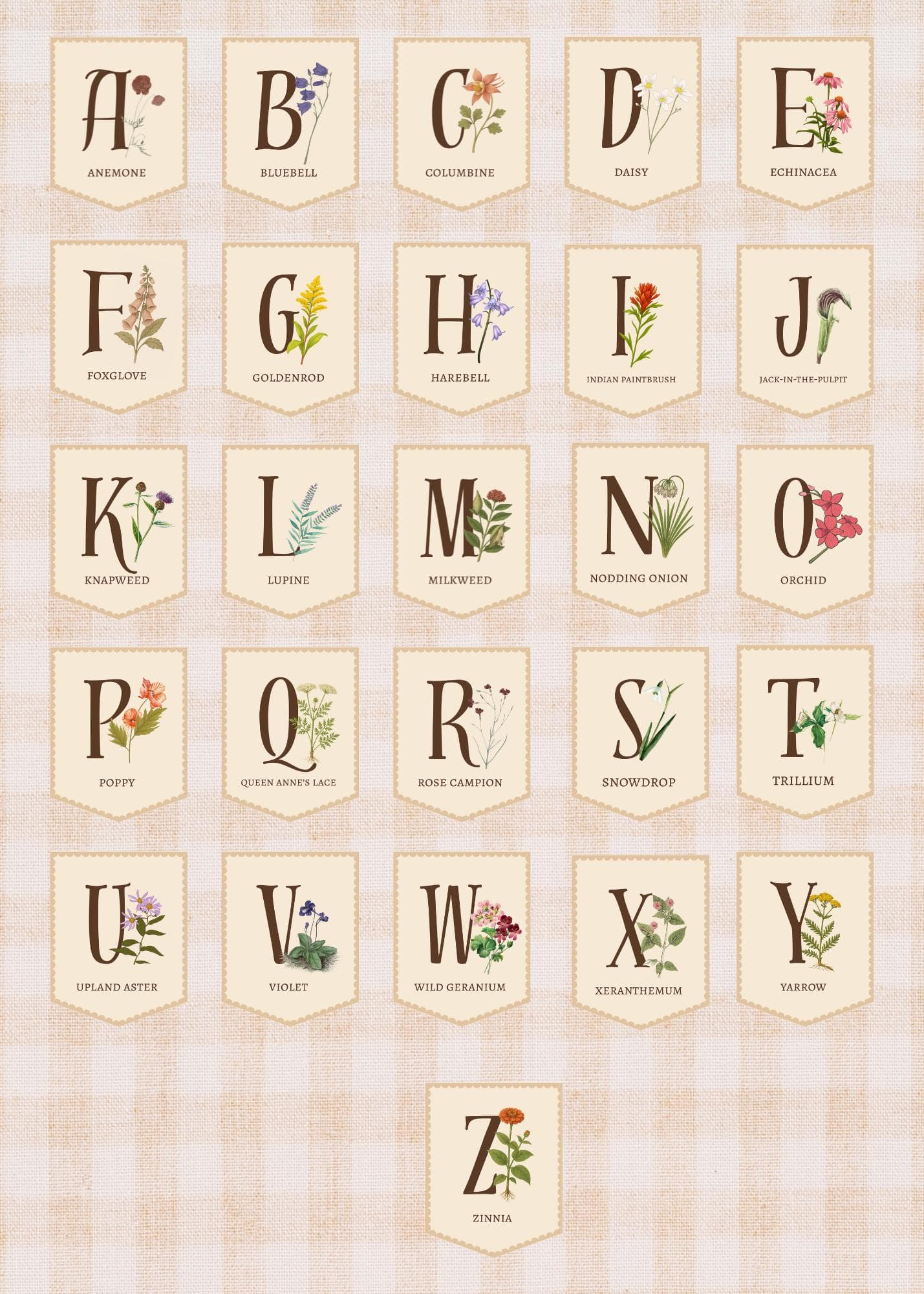 Cottagecore Wildflower Alphabet Banner: Classroom Printable (A-Z)