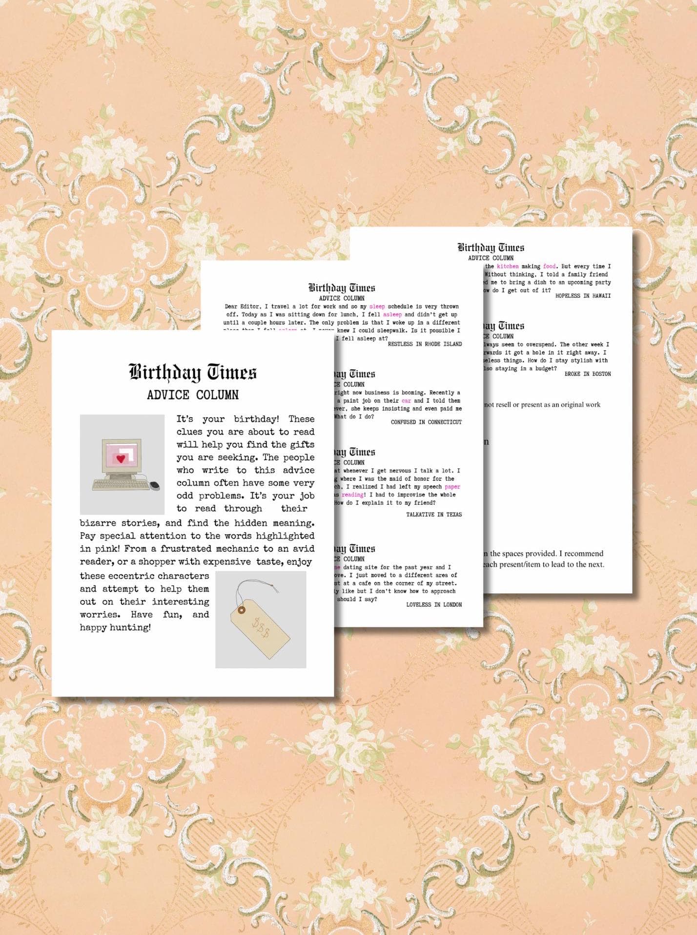 Scavenger Hunt Clues: Newspaper Advice Column (Printable PDF)