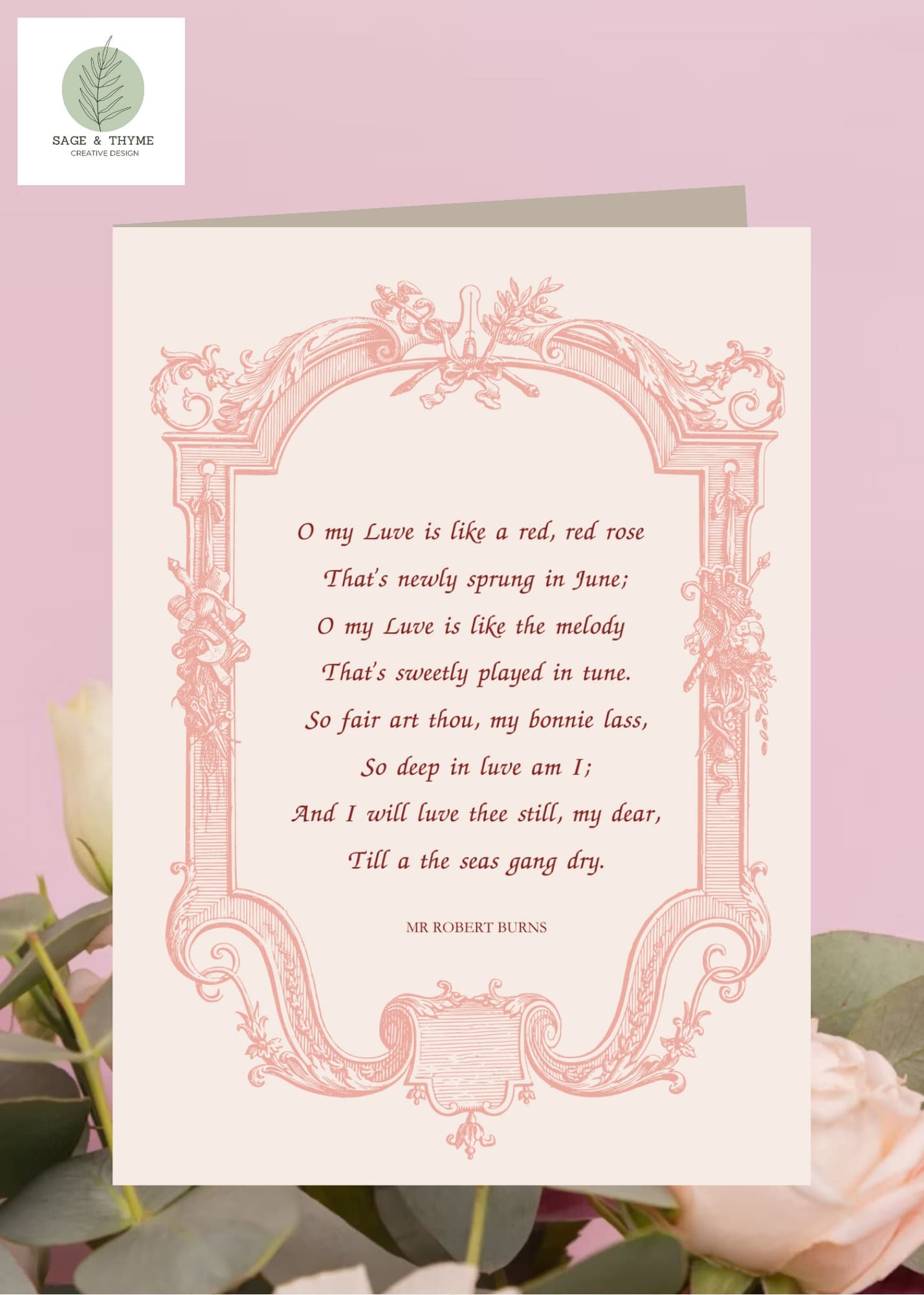Foldable Valentine's Card | Vintage Love Card | Rose Poem Card - Robert Burns | 10x7 Inches | Cottagecore - image 5