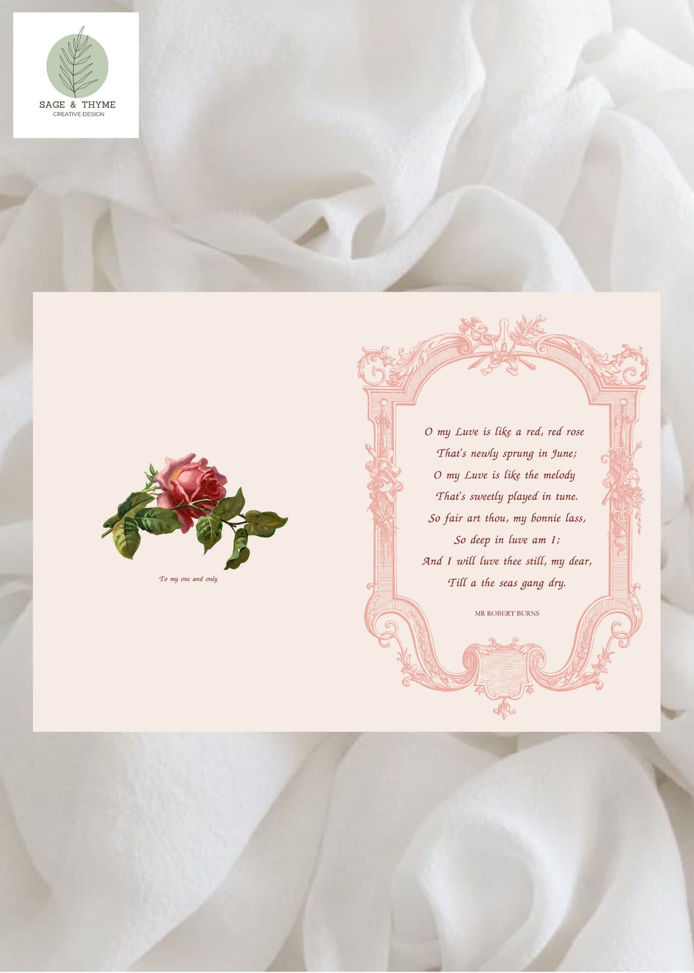 Foldable Valentine's Card | Vintage Love Card | Rose Poem Card - Robert Burns | 10x7 Inches | Cottagecore