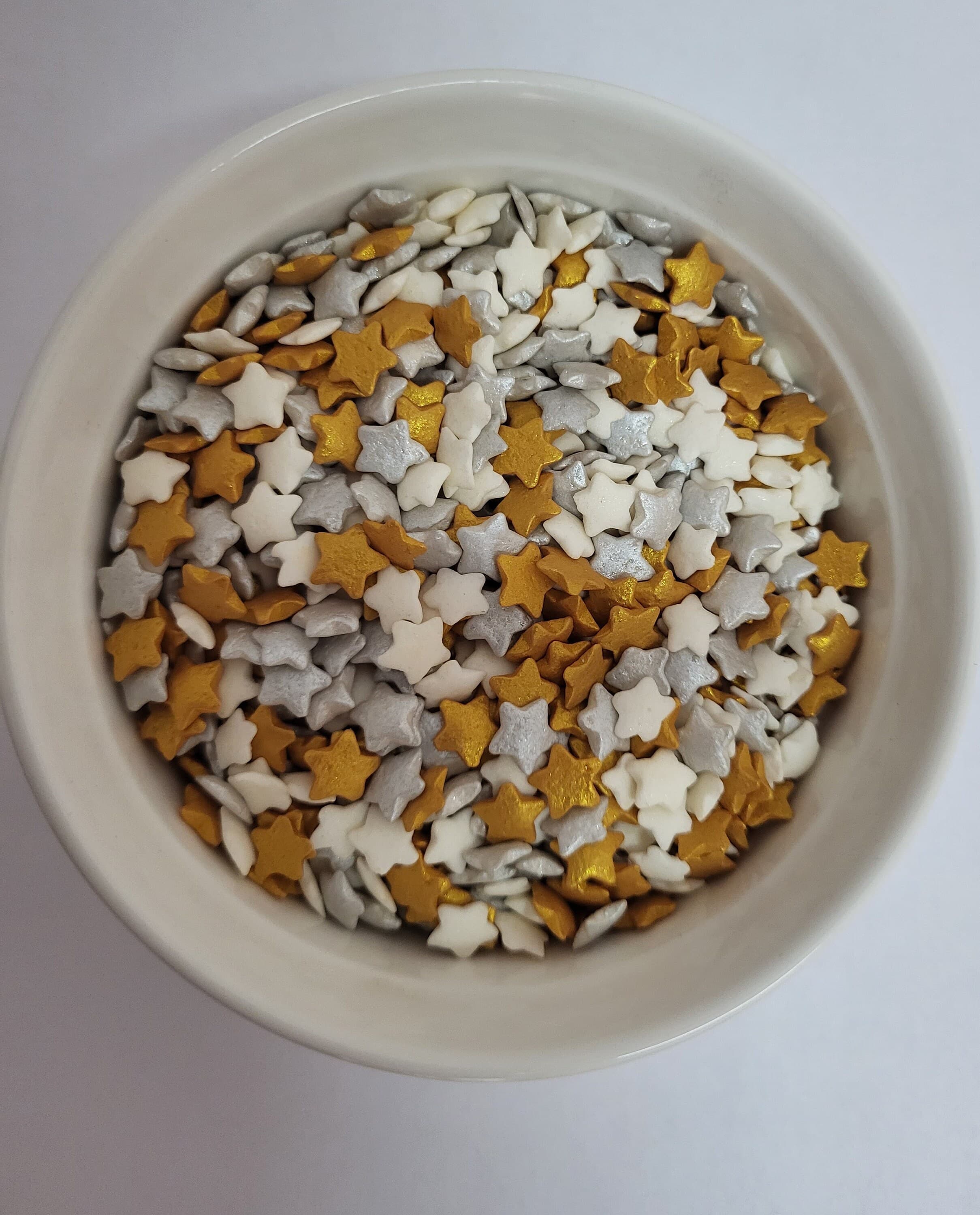 Metallic Star Cake Sprinkles: Silver, Gold, White - Vegan, Halal, Gluten-Free