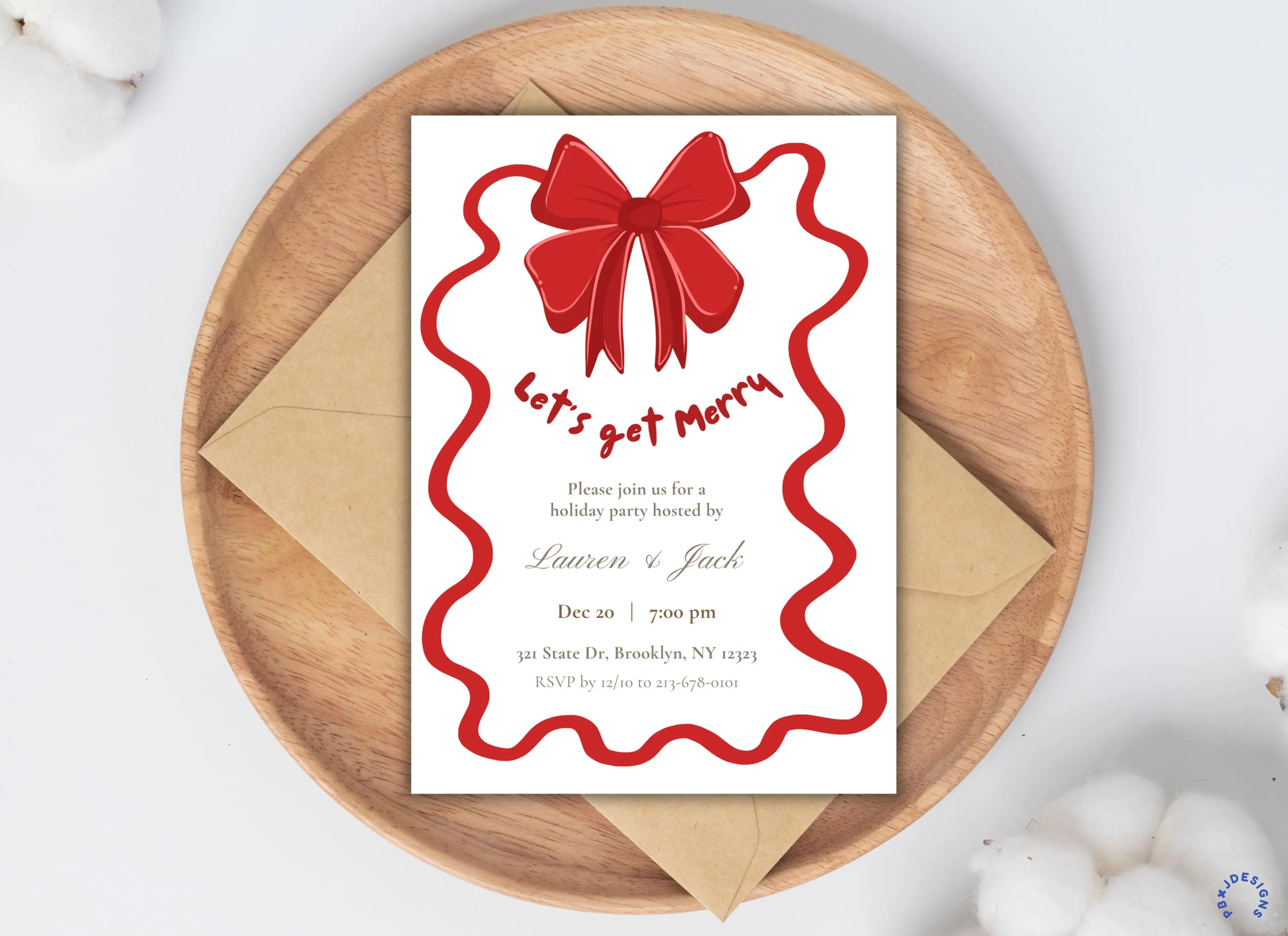 Red Bow Christmas Party Digital Invitation: Let's Get Merry, Template Editable on Canva