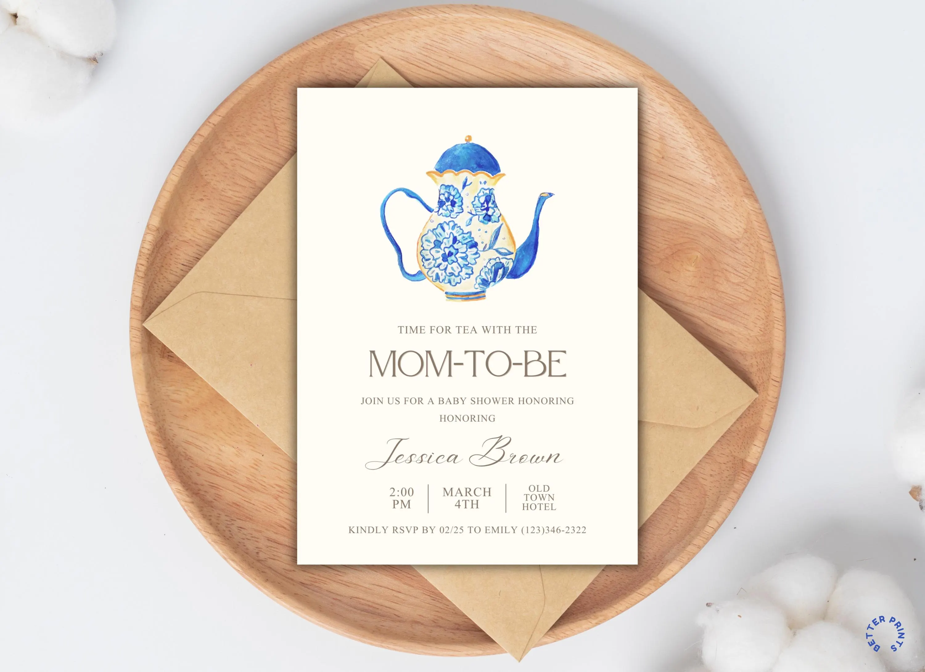 Tea Party Baby Shower Invitation, Watercolor Template: Instant Download (Canva)