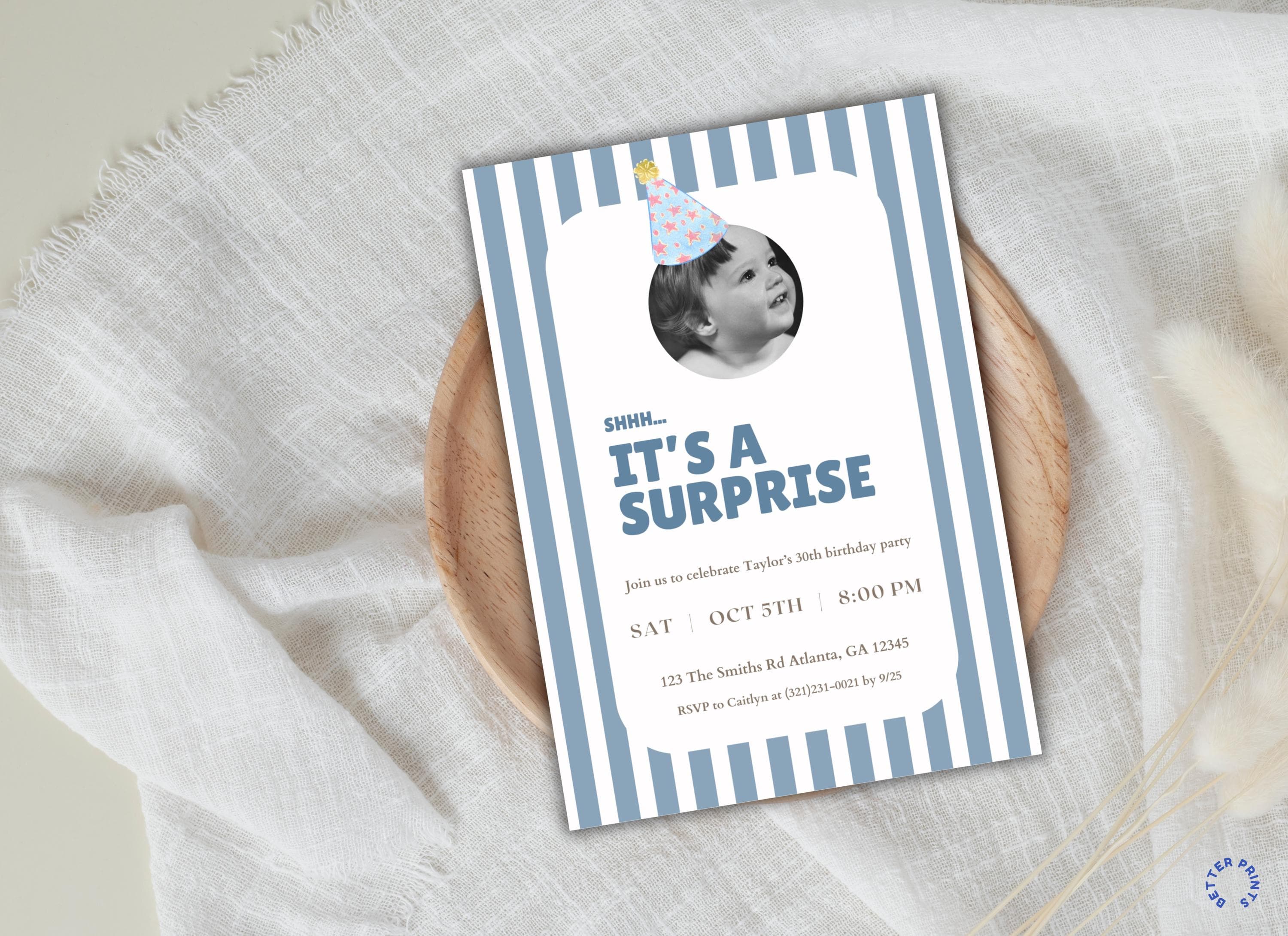 Surprise Birthday Invitation, Blue Striped Design, Customizable Canva Template (5x7) - image 3
