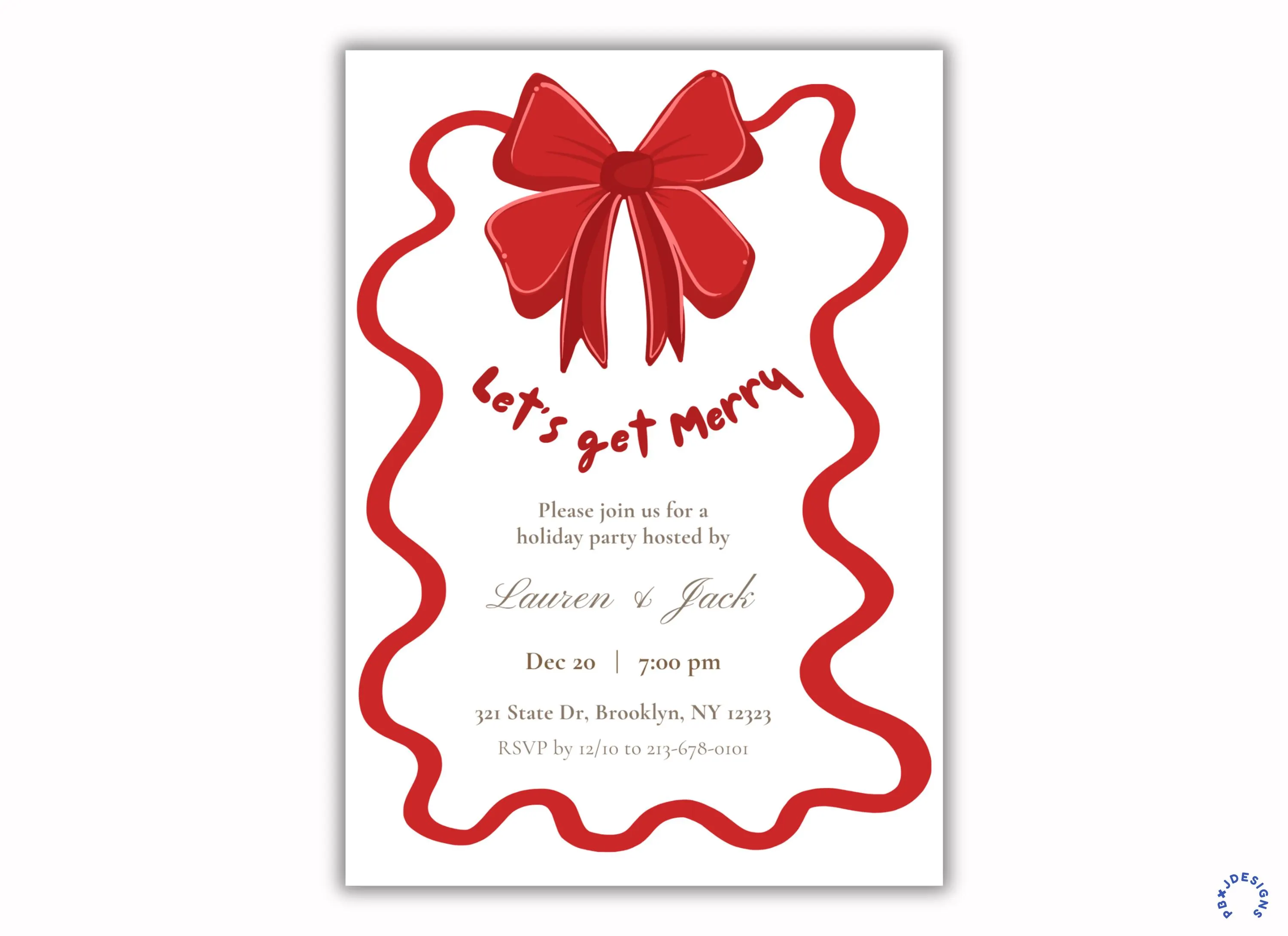 Red Bow Christmas Party Digital Invitation: Let's Get Merry, Template Editable on Canva - image 3