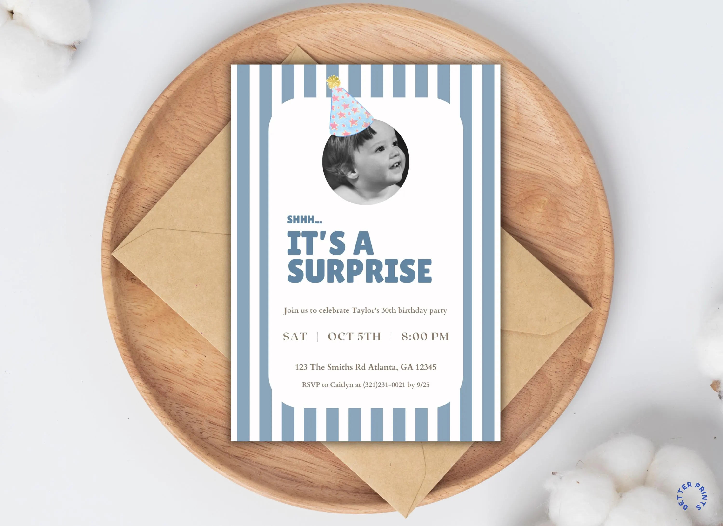 Surprise Birthday Invitation, Blue Striped Design, Customizable Canva Template (5x7)