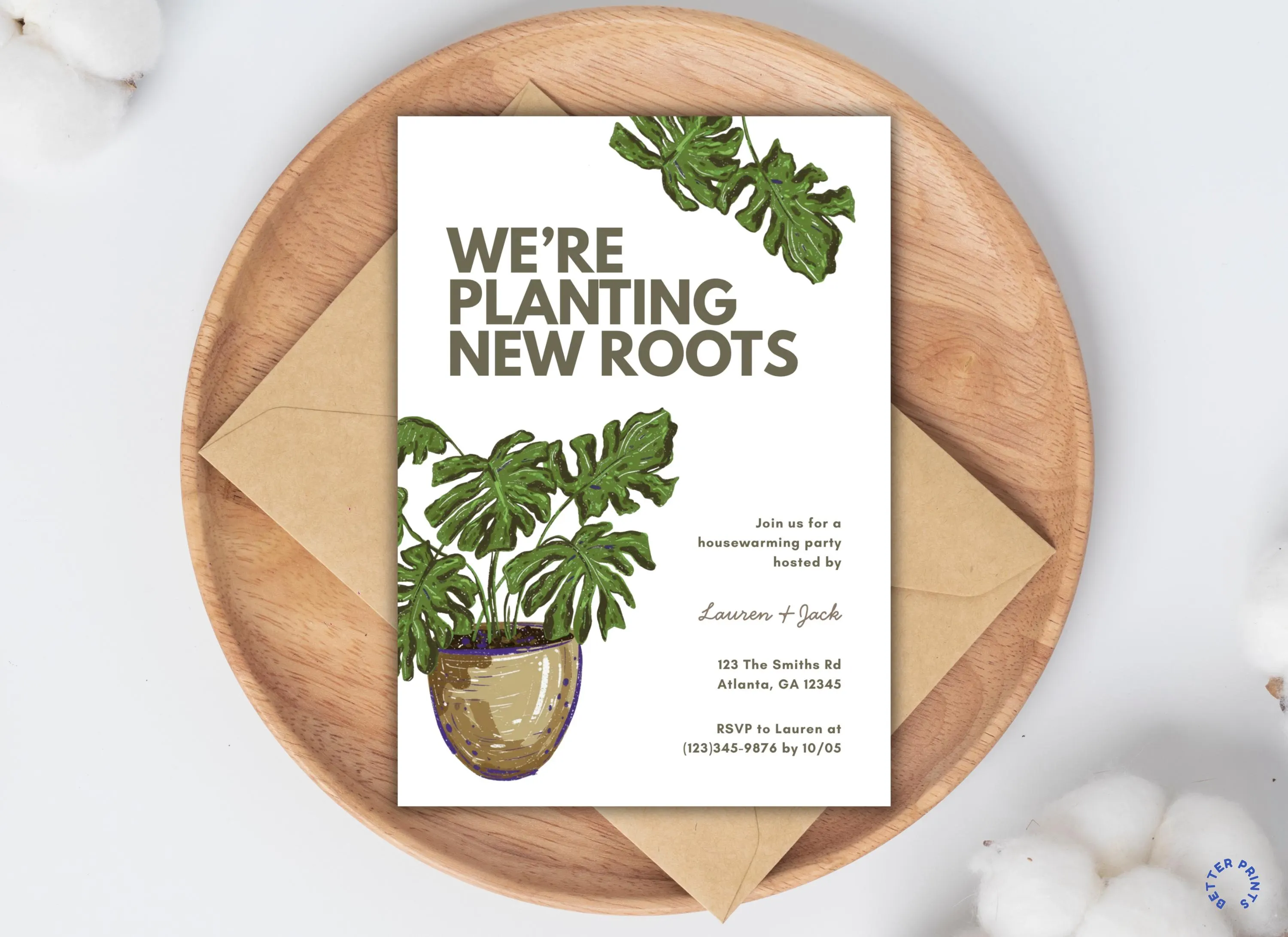 Potted Plant Housewarming Invitation, We're Planting New Roots: Editable Canva Template