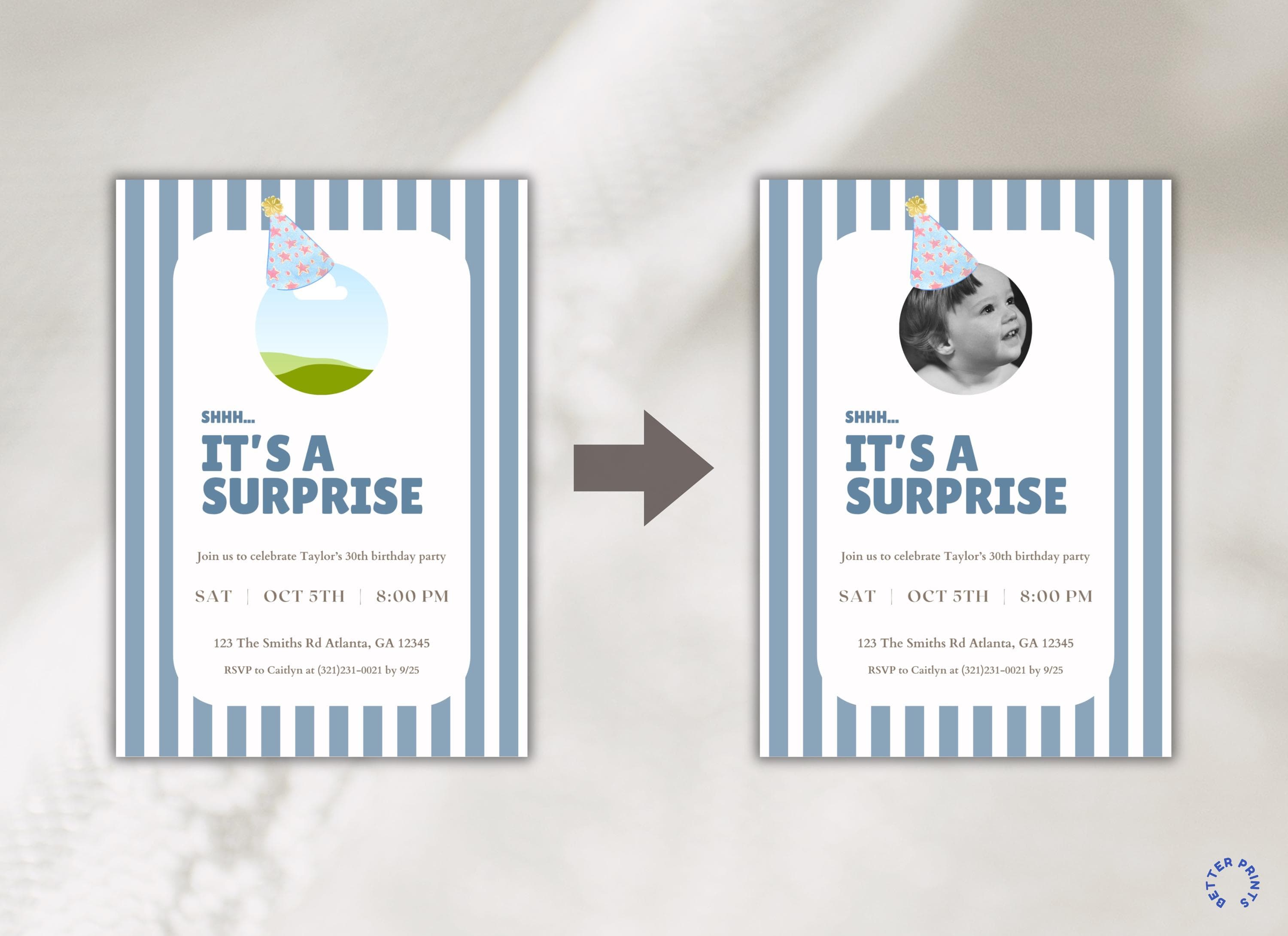 Surprise Birthday Invitation, Blue Striped Design, Customizable Canva Template (5x7) - image 4