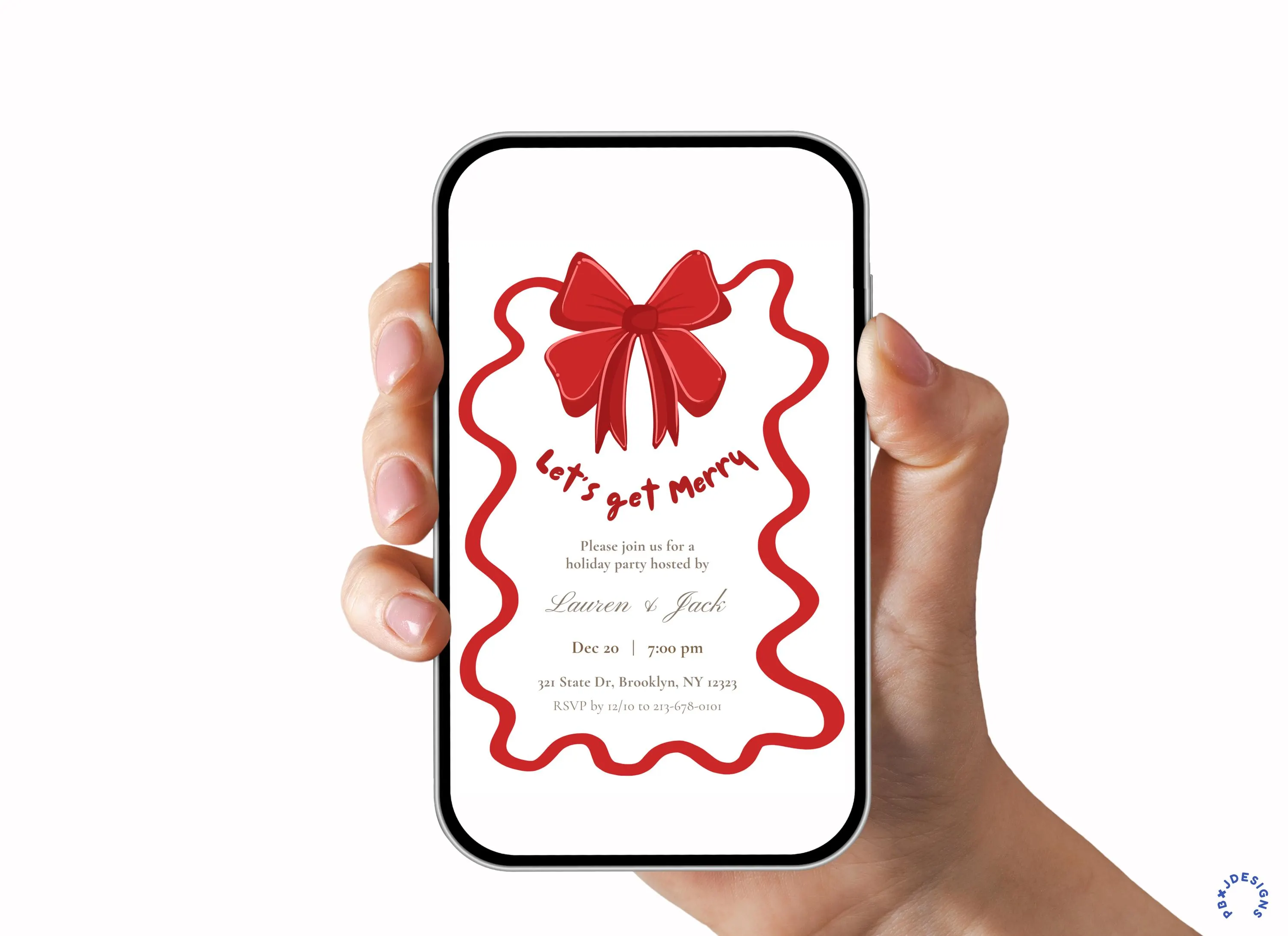 Red Bow Christmas Party Digital Invitation: Let's Get Merry, Template Editable on Canva - image 5