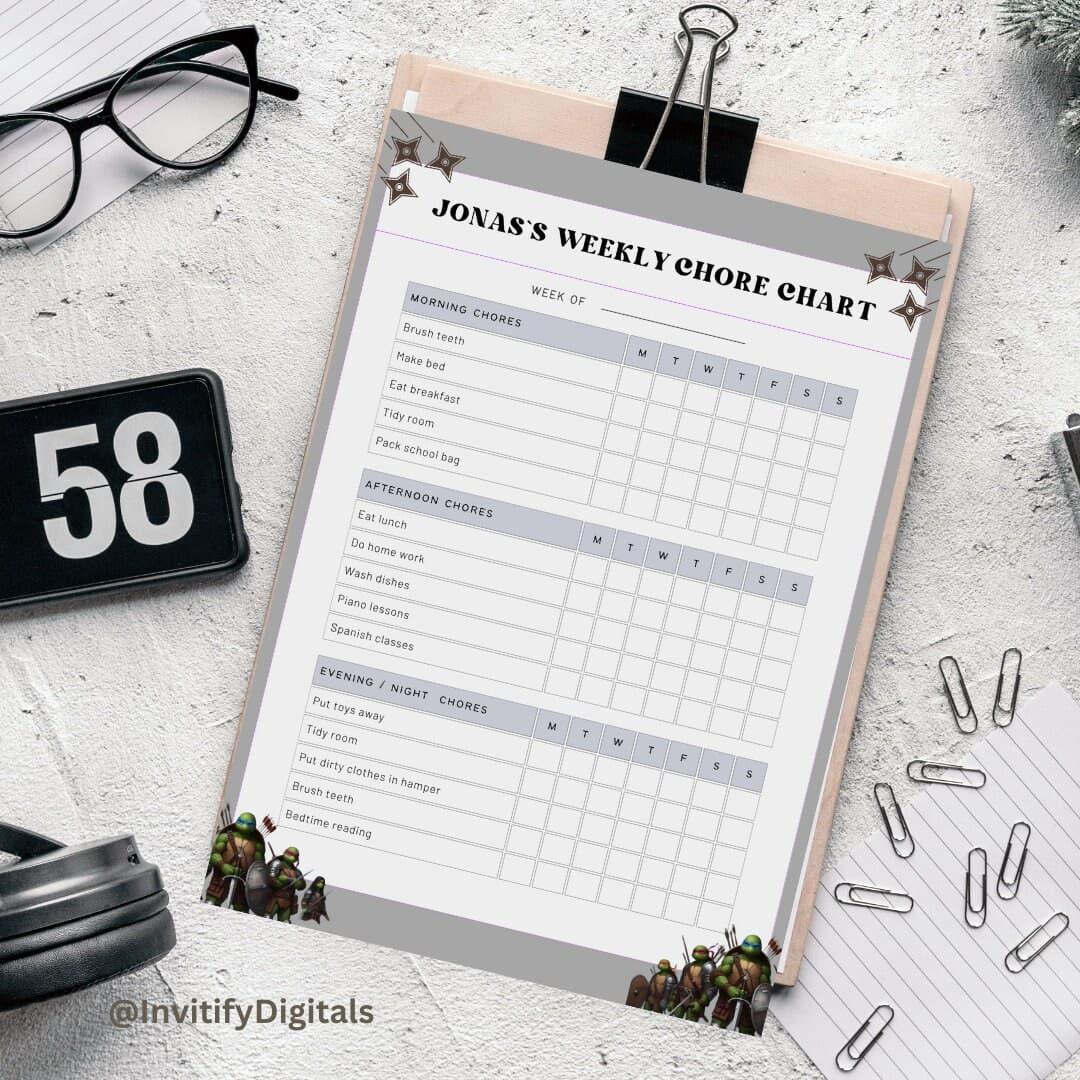 Children Turtle Themed Warrior Game Fun Daily Routine Checklist, Responsibility Chart, To Do List, Editable Planner, Routine Chart Ninja - image 4