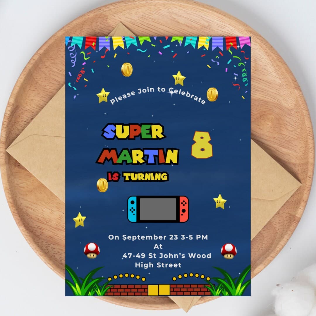 Digital Birthday Card | Birthday Invite | Super Brothers Blue Invite | Birthday Kid Invite | Editable Template | Marios Game Card - image 5