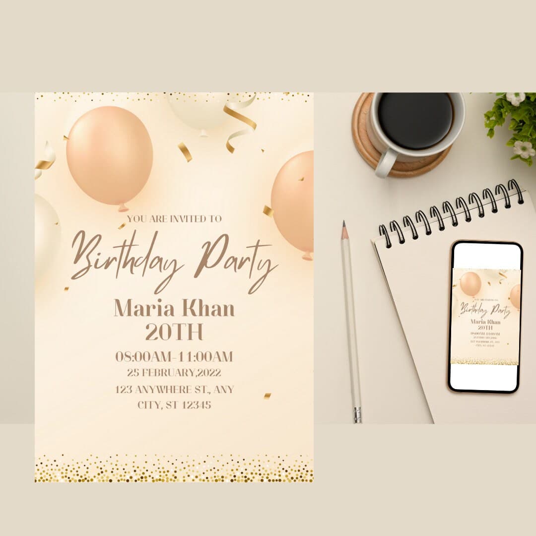 Beige Gold Phone Birthday Invitation Template,  Electronic Invitation ,Baloons Party Invite Girls Electronic Invite,Phone Invite Canva Print