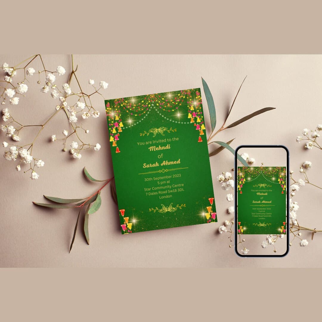 Printable invites Digital Mehndi invitations&Dholki Invites, Mendhi Night, Wedding invitations Template Online Canva Print Green Gold - image 4