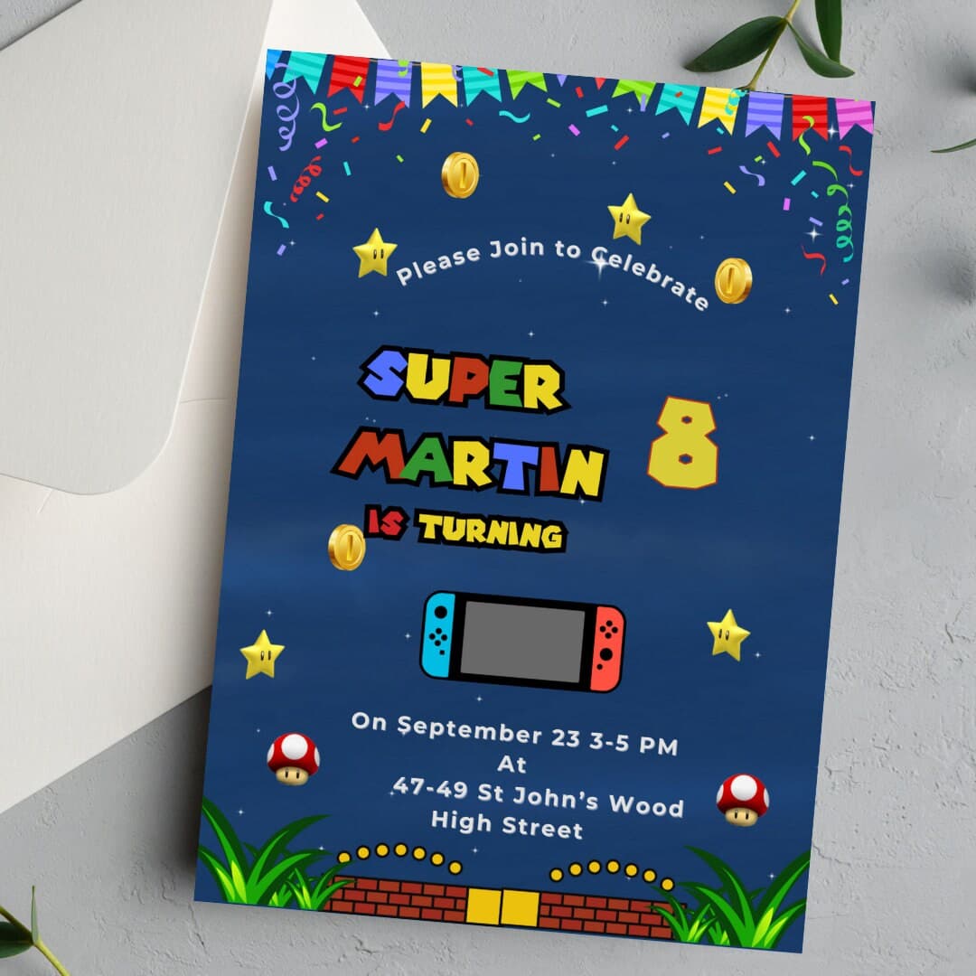 Digital Birthday Card | Birthday Invite | Super Brothers Blue Invite | Birthday Kid Invite | Editable Template | Marios Game Card - image 4