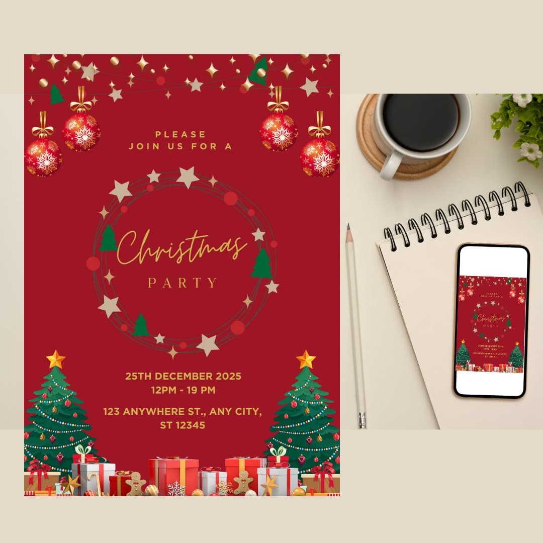 Christmas Party Invitation Card , Kids Christmas party , Editable Digital Invitation,  download Canva Christmas Tree Christmas Gifts