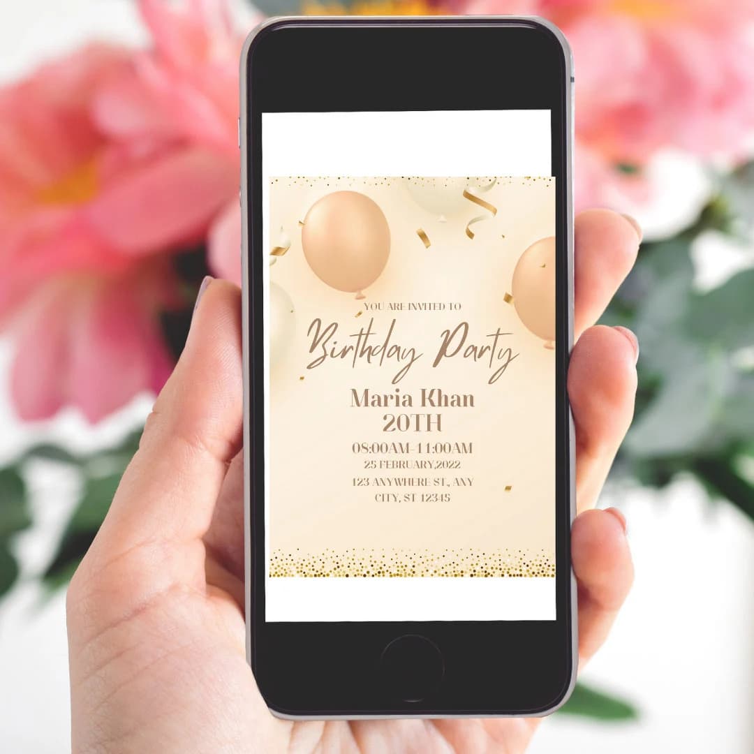 Beige Gold Phone Birthday Invitation Template,  Electronic Invitation ,Baloons Party Invite Girls Electronic Invite,Phone Invite Canva Print - image 3