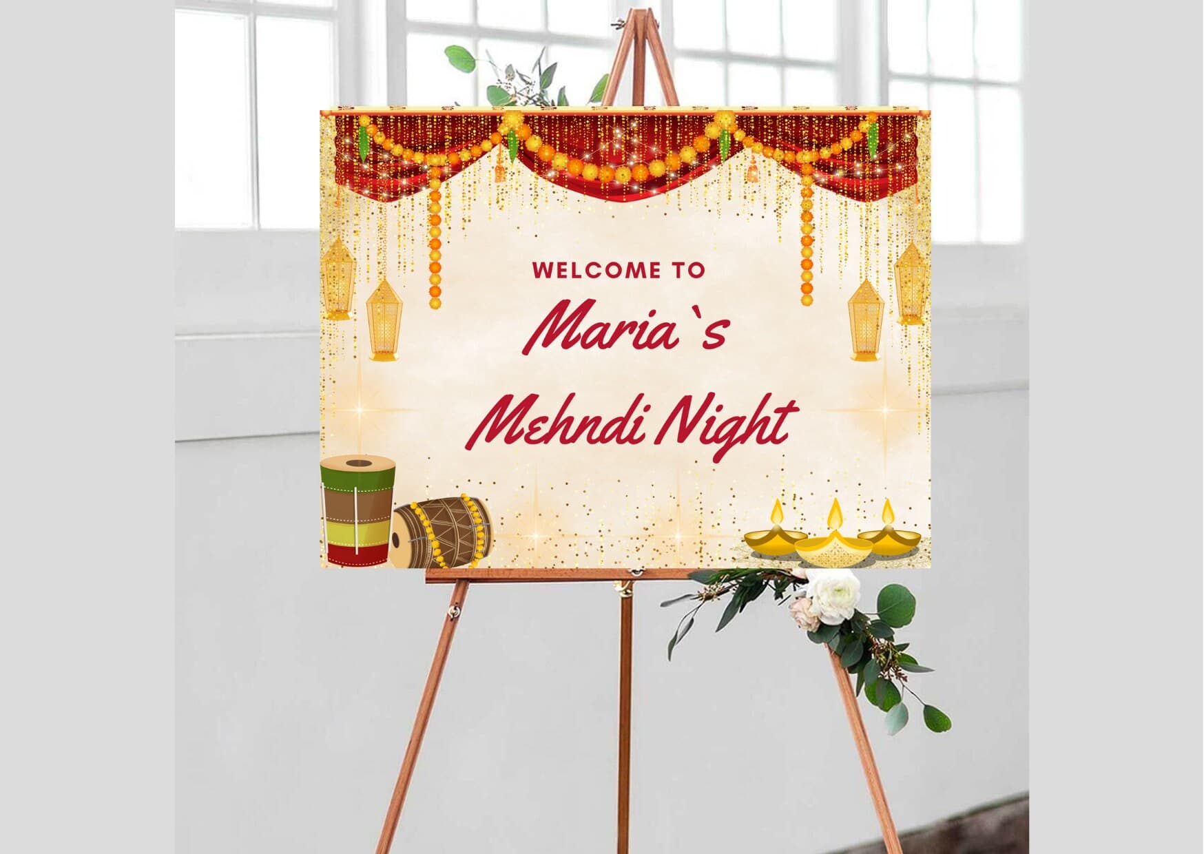 Indian Wedding Decor & Mehendi Welcome Signs, Mehndi Welcome Sign as Garlands Mehndi Signs, Marigold decor as Mendhi Sign, Dholki Signboards - image 5
