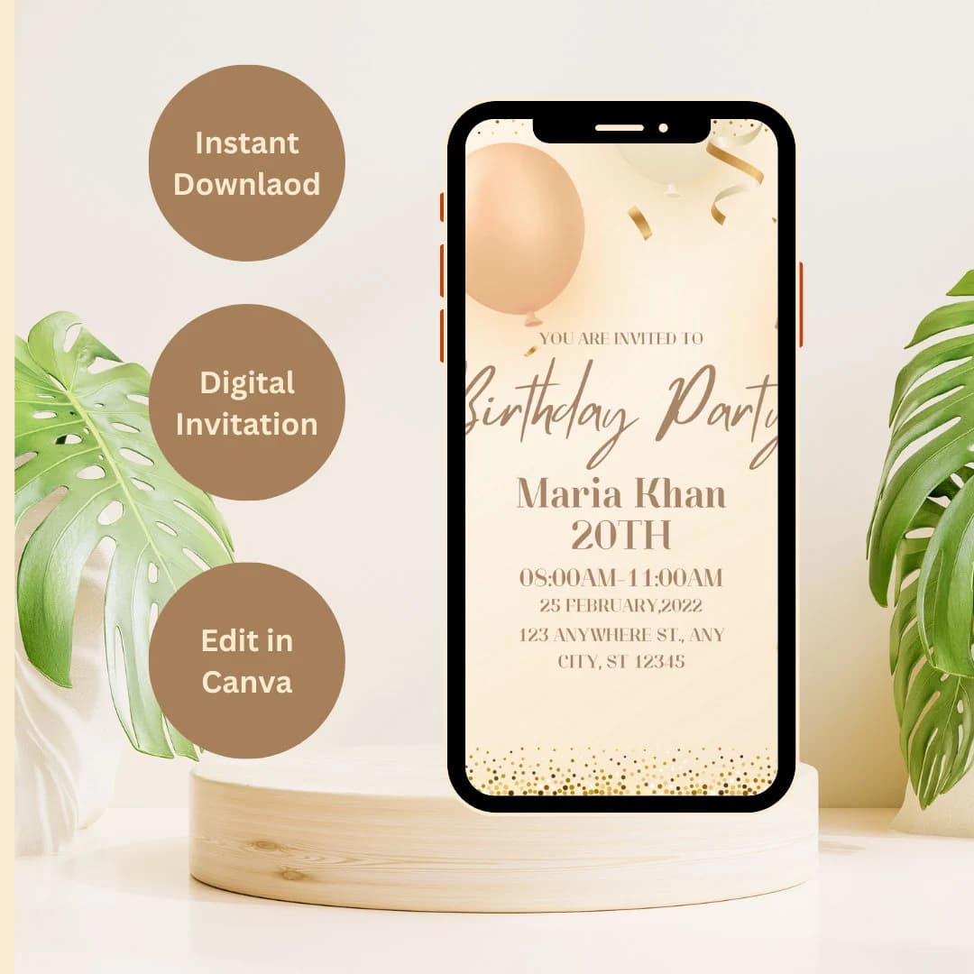 Beige Gold Phone Birthday Invitation Template,  Electronic Invitation ,Baloons Party Invite Girls Electronic Invite,Phone Invite Canva Print - image 4